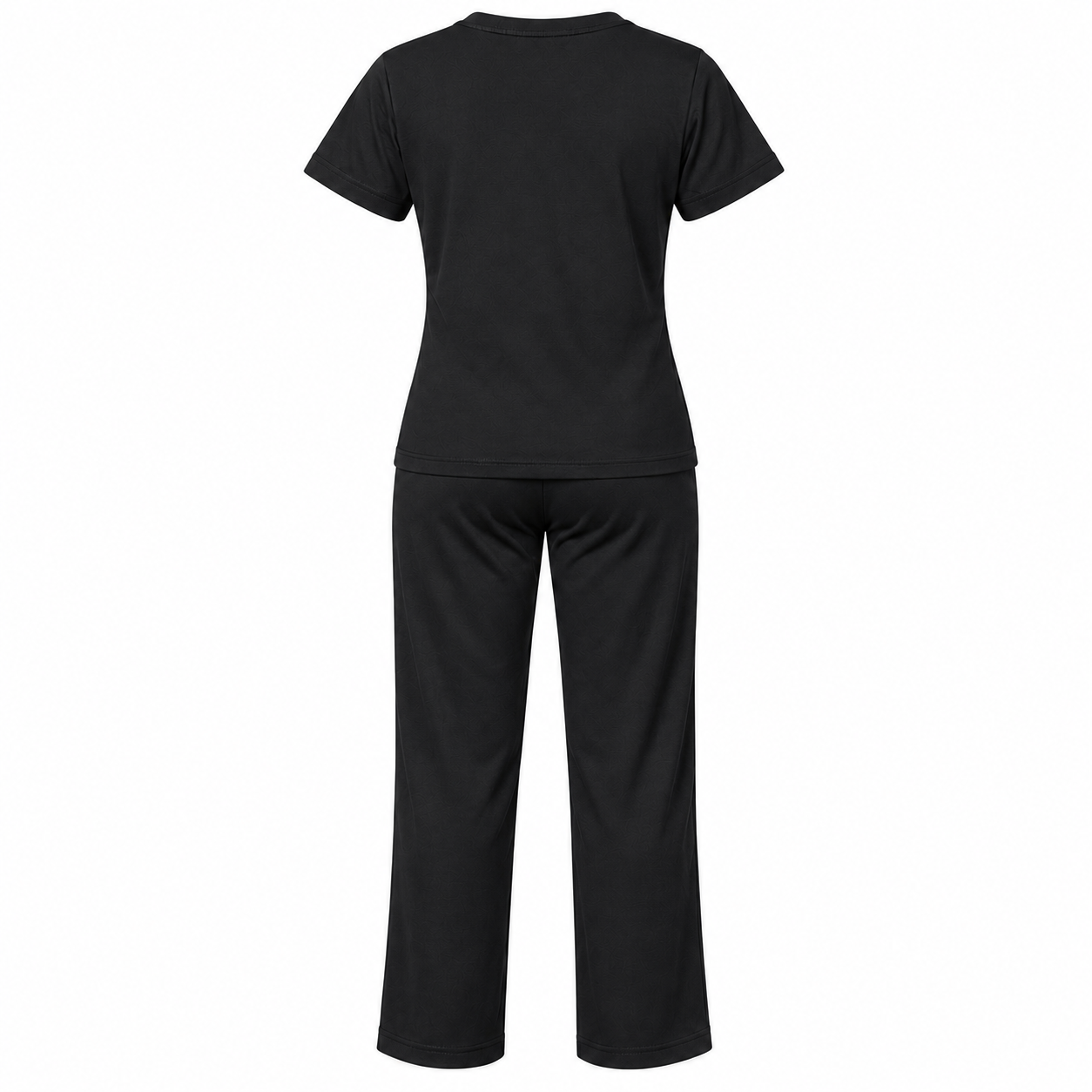 Back view of women's black 2-piece lounge co-ord set showing the plain black top and matching pants