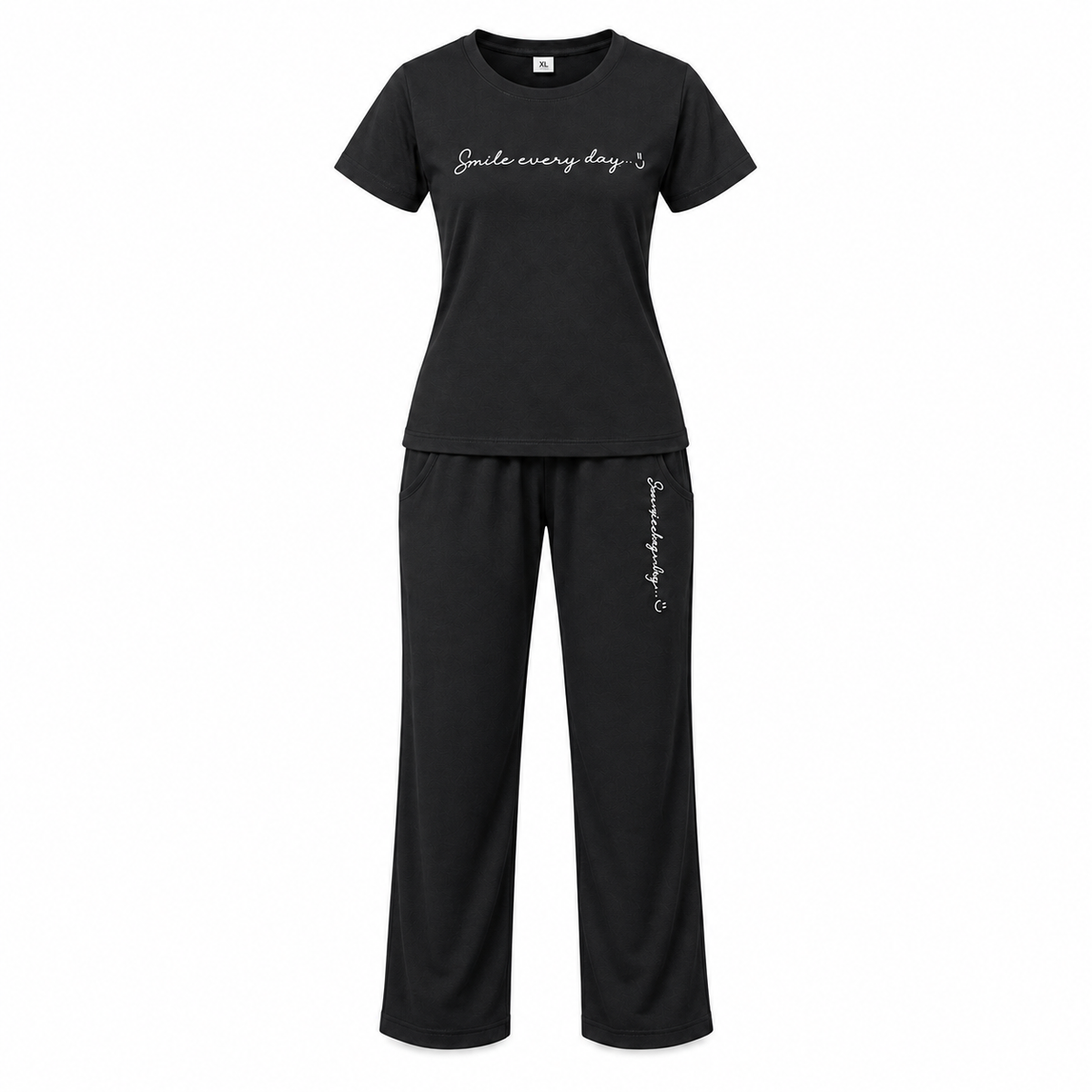 Front view of women's black 2-piece co-ord set with short sleeve top and matching straight-fit lounge pants