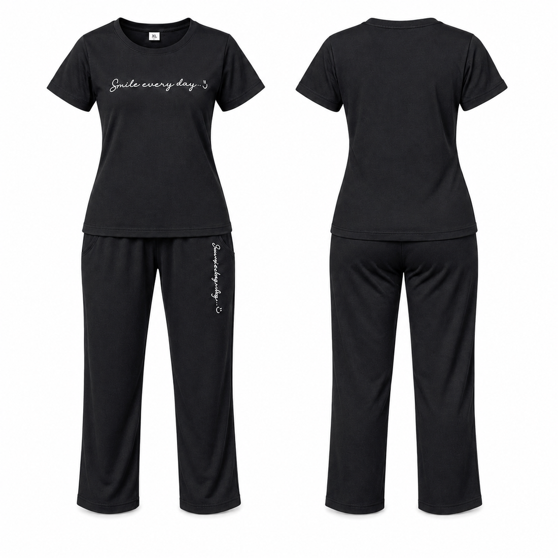 Woman wearing a black 2-piece lounge co-ord set with relaxed-fit pants for comfortable everyday wear
