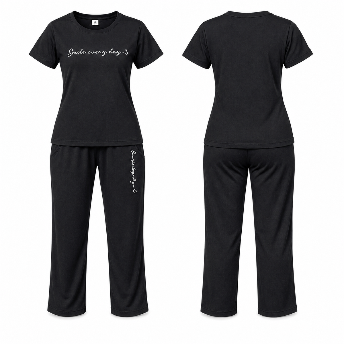 Women's black 2-piece lounge co-ord set with short sleeve top and relaxed straight-fit lounge pants, front and back view