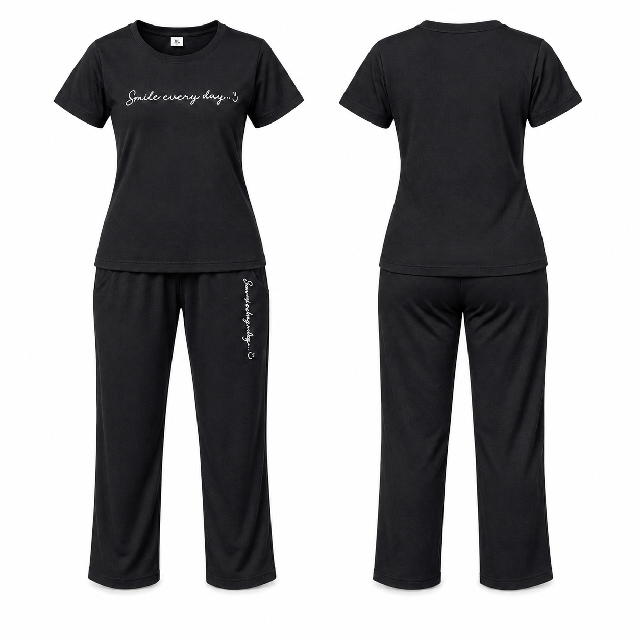Women's black 2-piece lounge co-ord set with short sleeve top and relaxed straight-fit lounge pants, front and back view