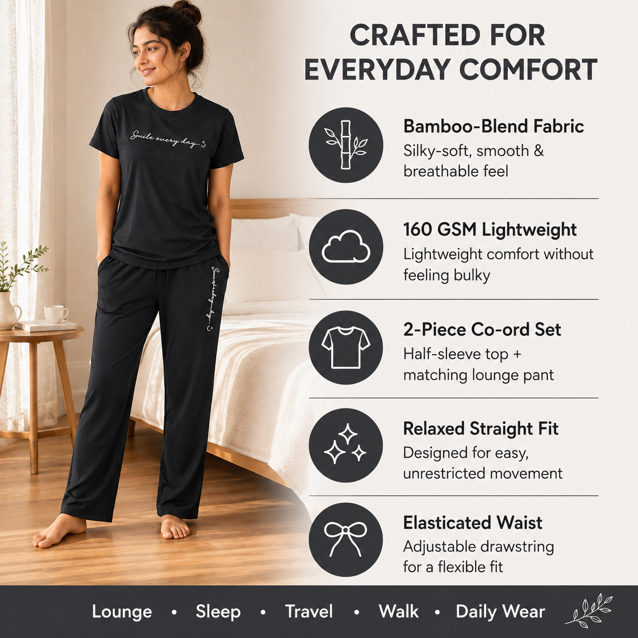 Women's black 2-piece lounge co-ord set featuring bamboo-blend fabric, lightweight 160 GSM construction, relaxed fit and elasticated waist