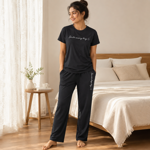 Women’s Bamboo Tracksuit Set – Half Sleeve Co-ord with UltraSoft Lounge Pant | Breathable All-Weather Loungewear, Nightwear & Daily Wear | Charcoal black