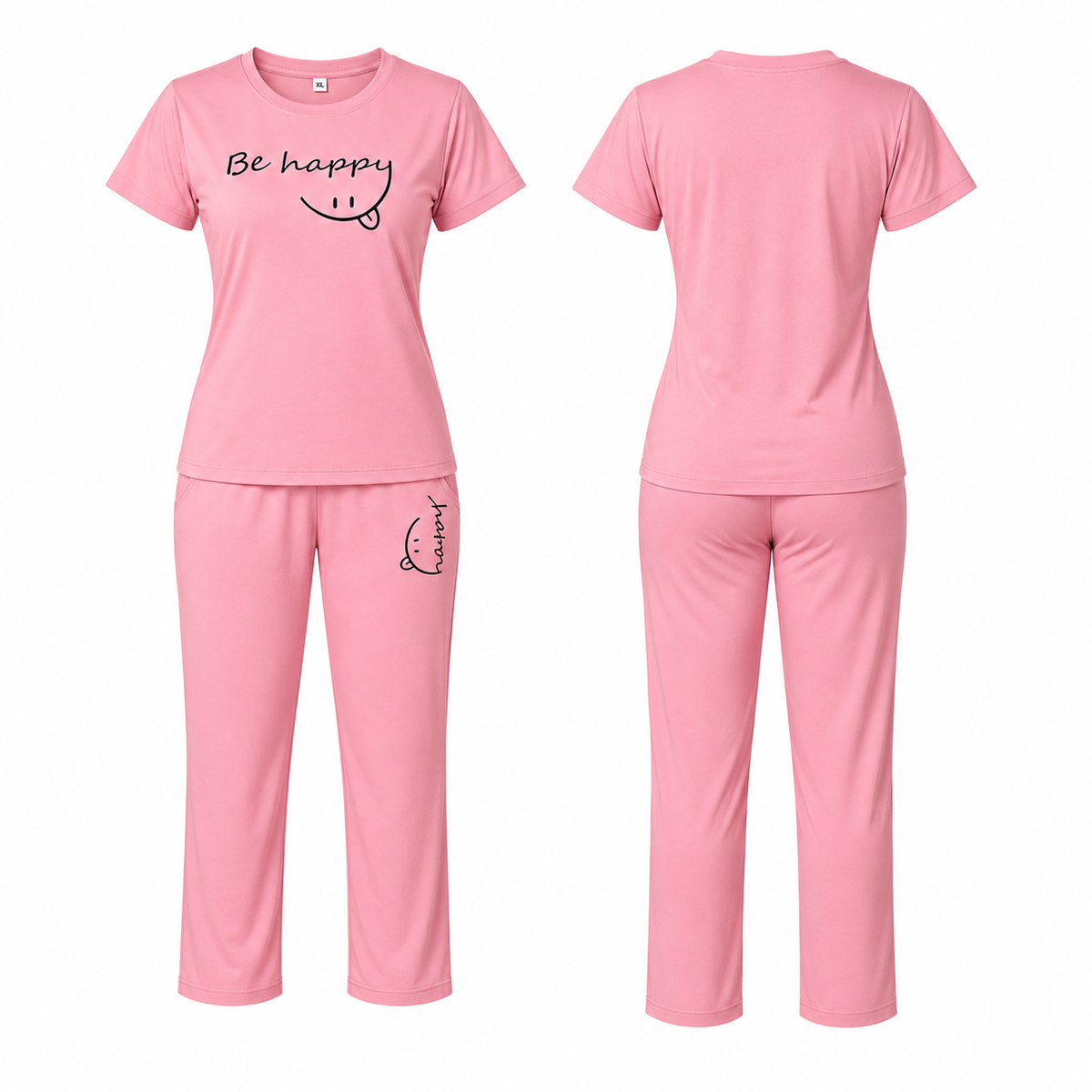 Women’s pink bamboo-blend co-ord lounge set with half-sleeve T-shirt and relaxed straight-fit pants, front and back view