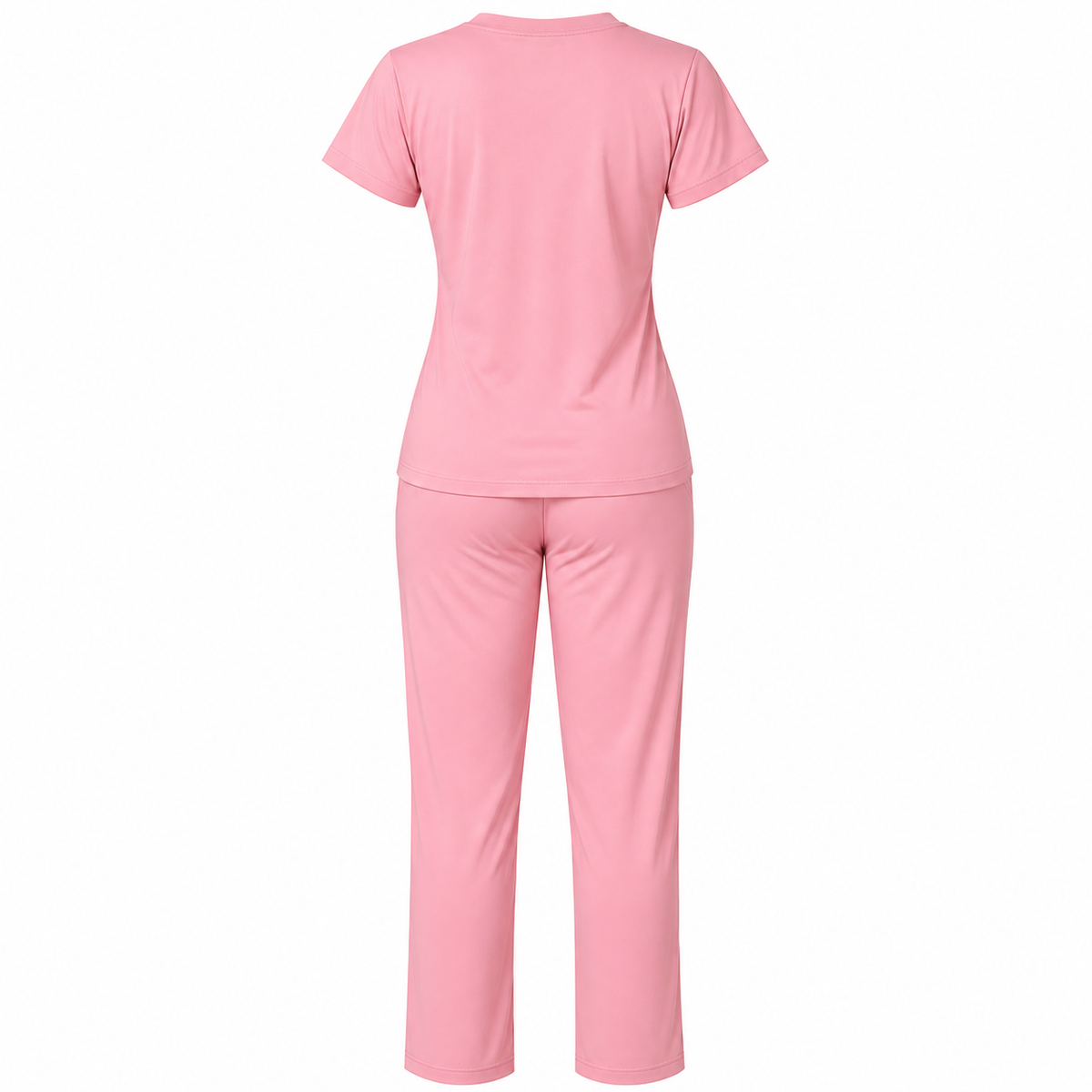 Back view of women’s pink bamboo-blend co-ord set showing half-sleeve top and relaxed straight-fit lounge pants