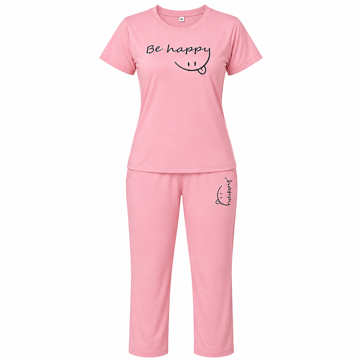 Front view of women’s pink bamboo-blend co-ord set with half-sleeve T-shirt and matching lounge pants