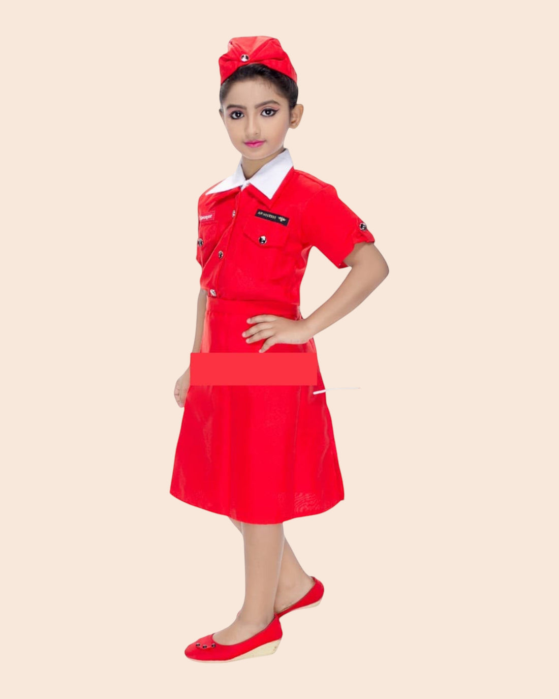Kids Air Hostess Fancy Dress Costume for Girls – Red Cabin Crew Uniform with Cap
