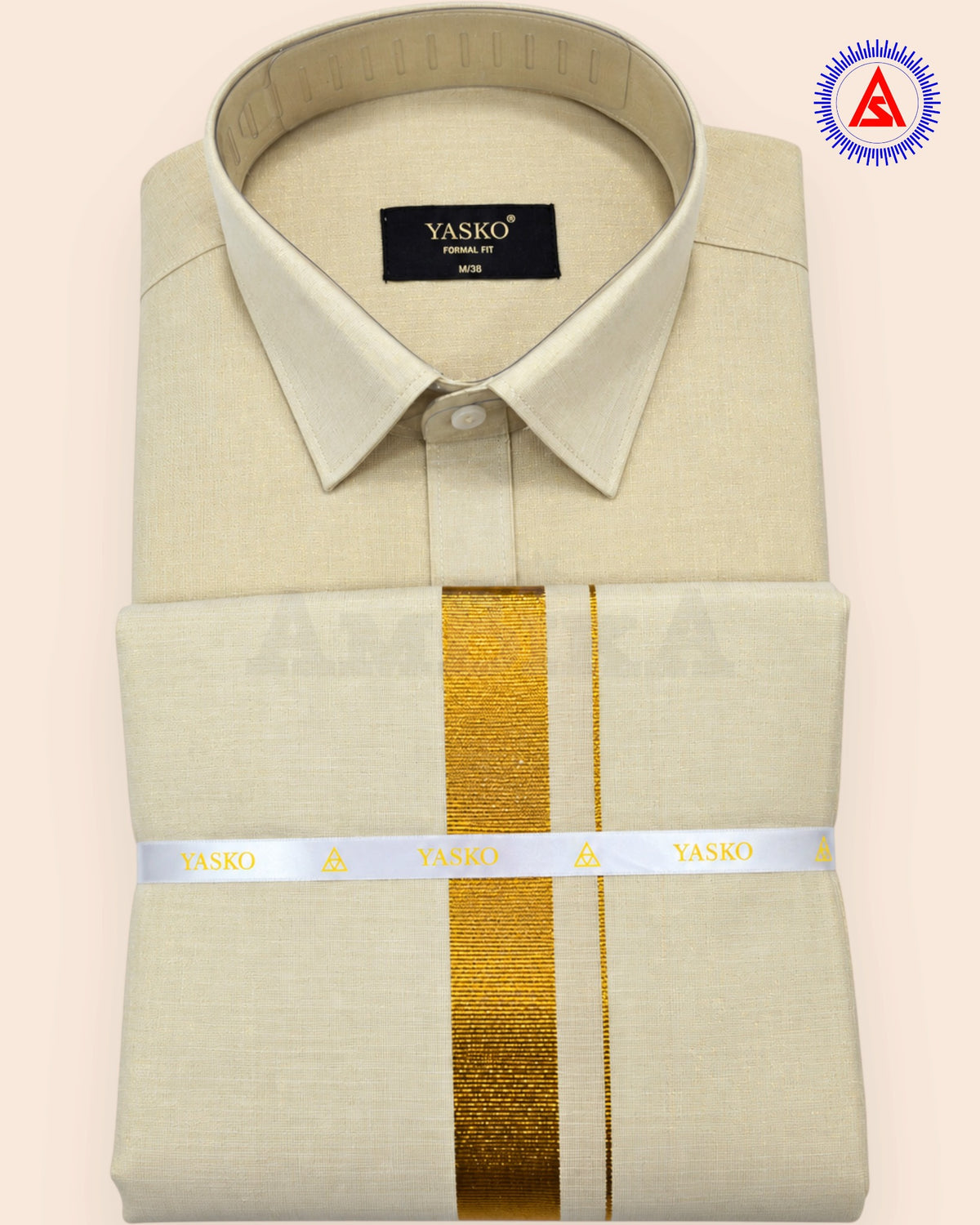 Folded gold shirt and matching dhoti with gold zari border