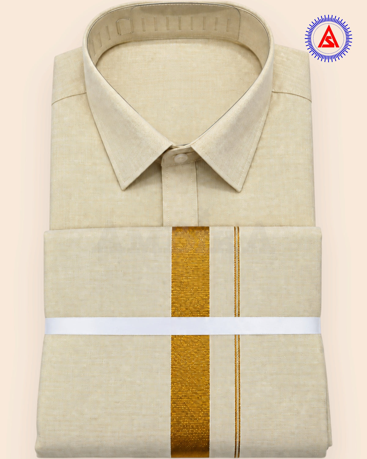 Folded cream gold tissue shirt with matching gold zari dhoti