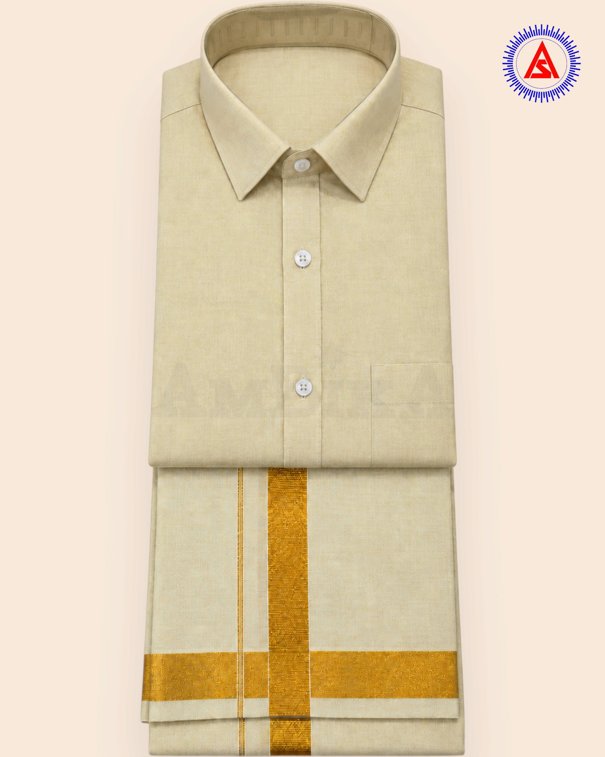 Ambika matching cream gold shirt and gold border dhoti set