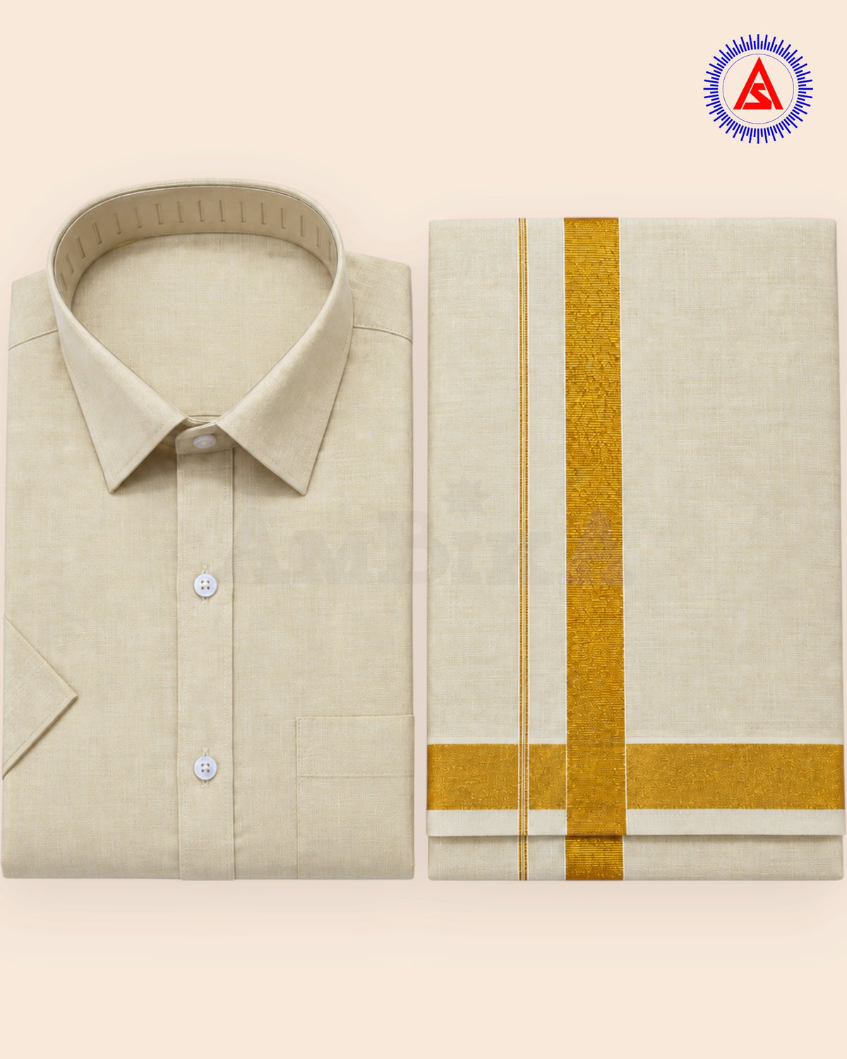 Ambika men's cream gold tissue shirt and dhoti matching set with gold zari border