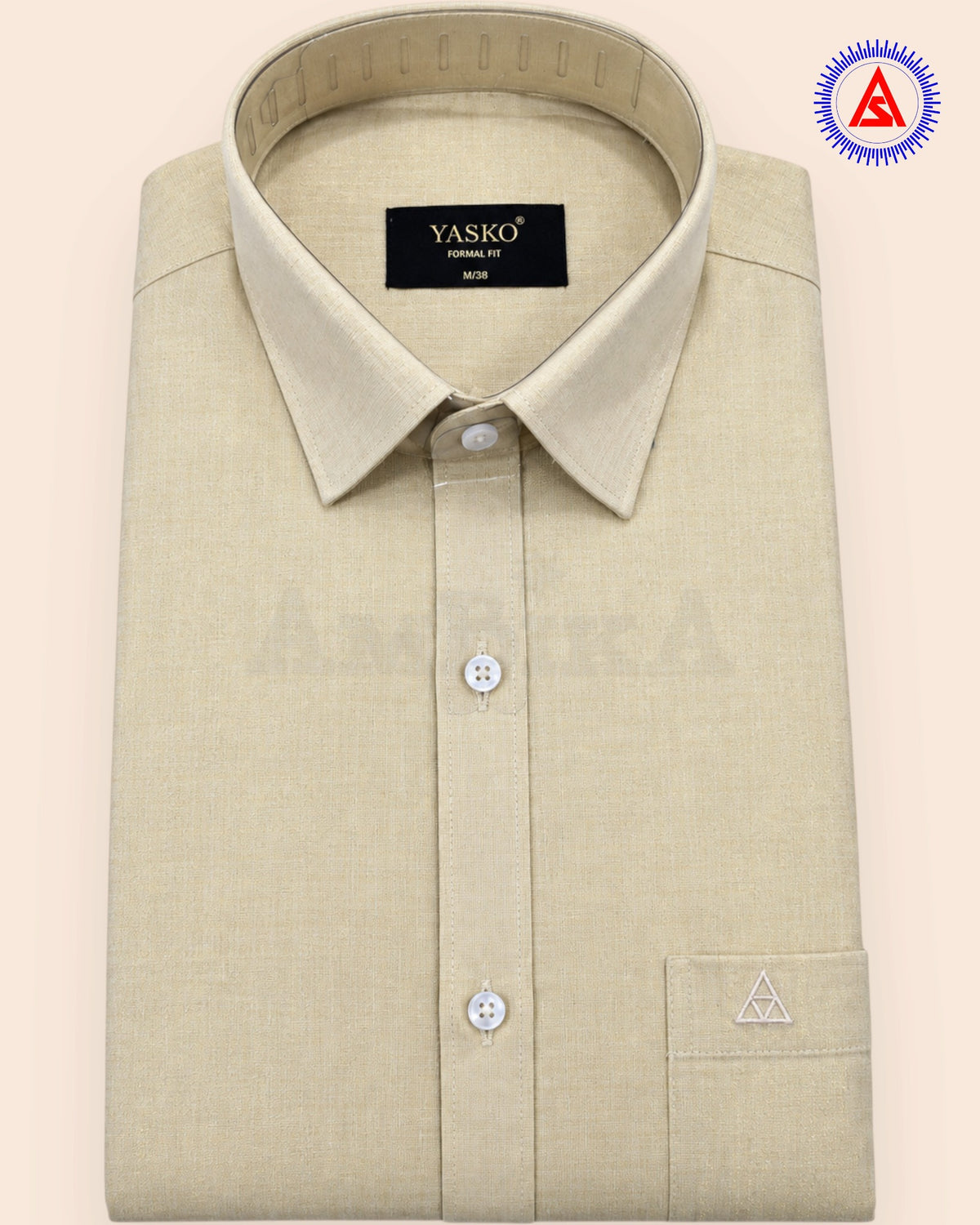Gold shirt showing collar buttons and chest pocket