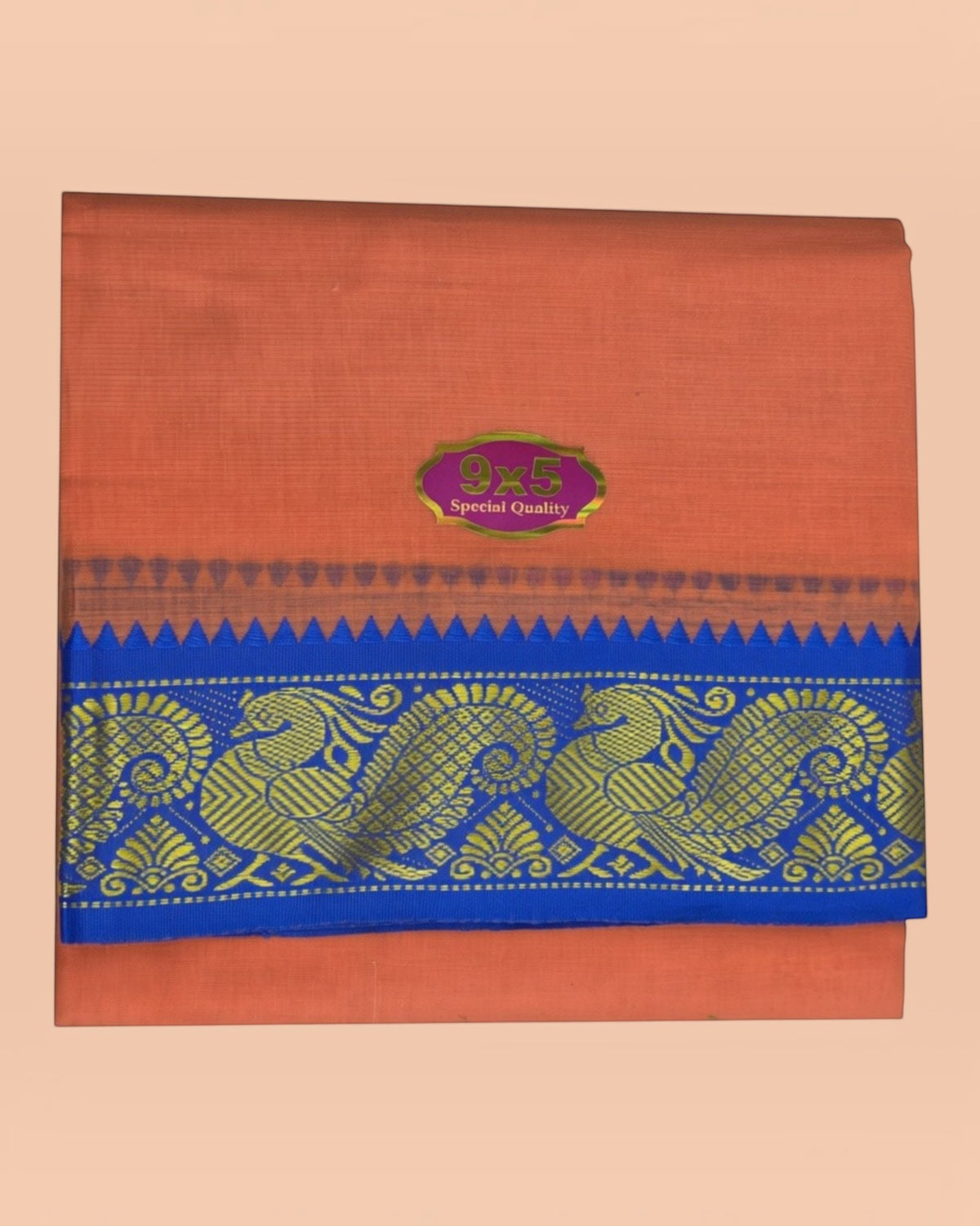 Rust orange 9x5 cotton Panchakacham with royal blue peacock zari border - close-up