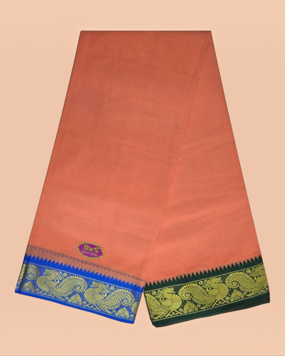 Rust orange 9x5 cotton Panchakacham and angavastram with royal blue zari border - full view