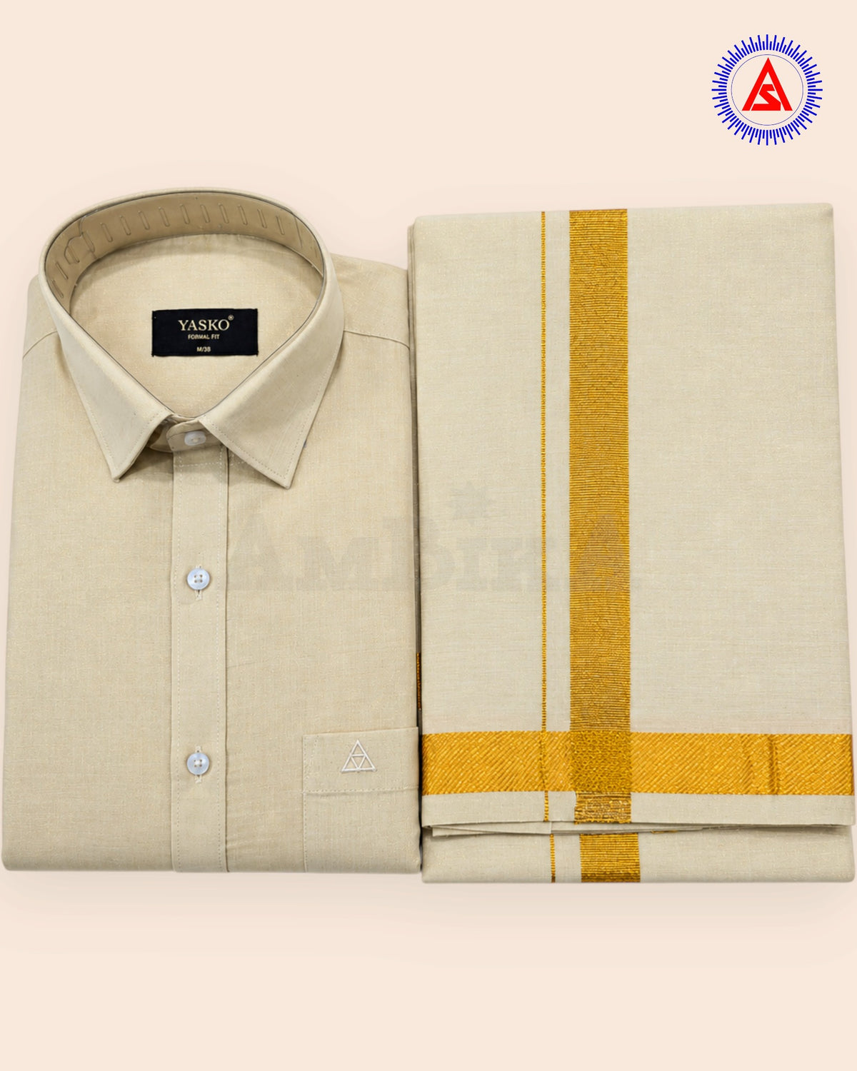 Gold shirt beside matching gold zari border dhoti