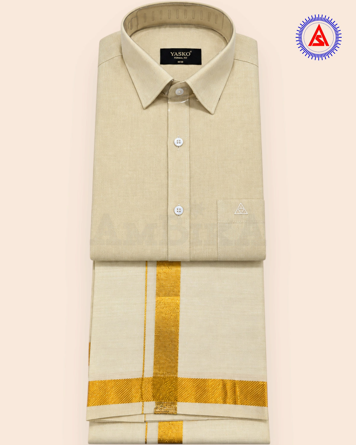 Gold shirt stacked with matching gold zari border dhoti