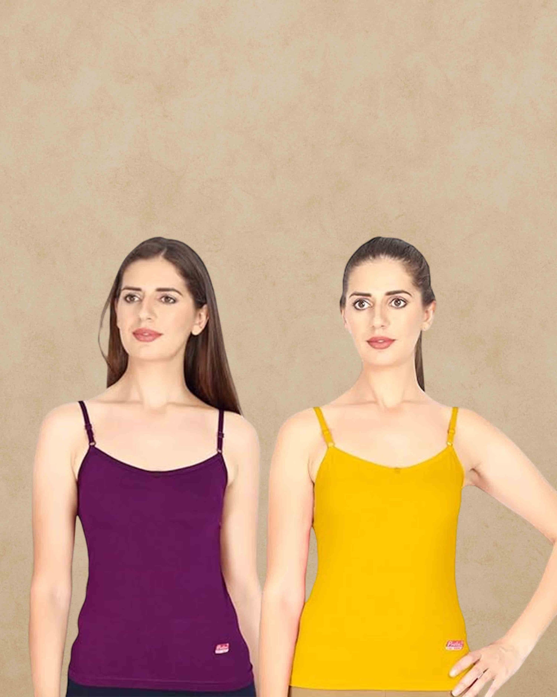 Ambika Stores Prithvi Joshi adjustable strap camisole slips in purple and yellow worn by models