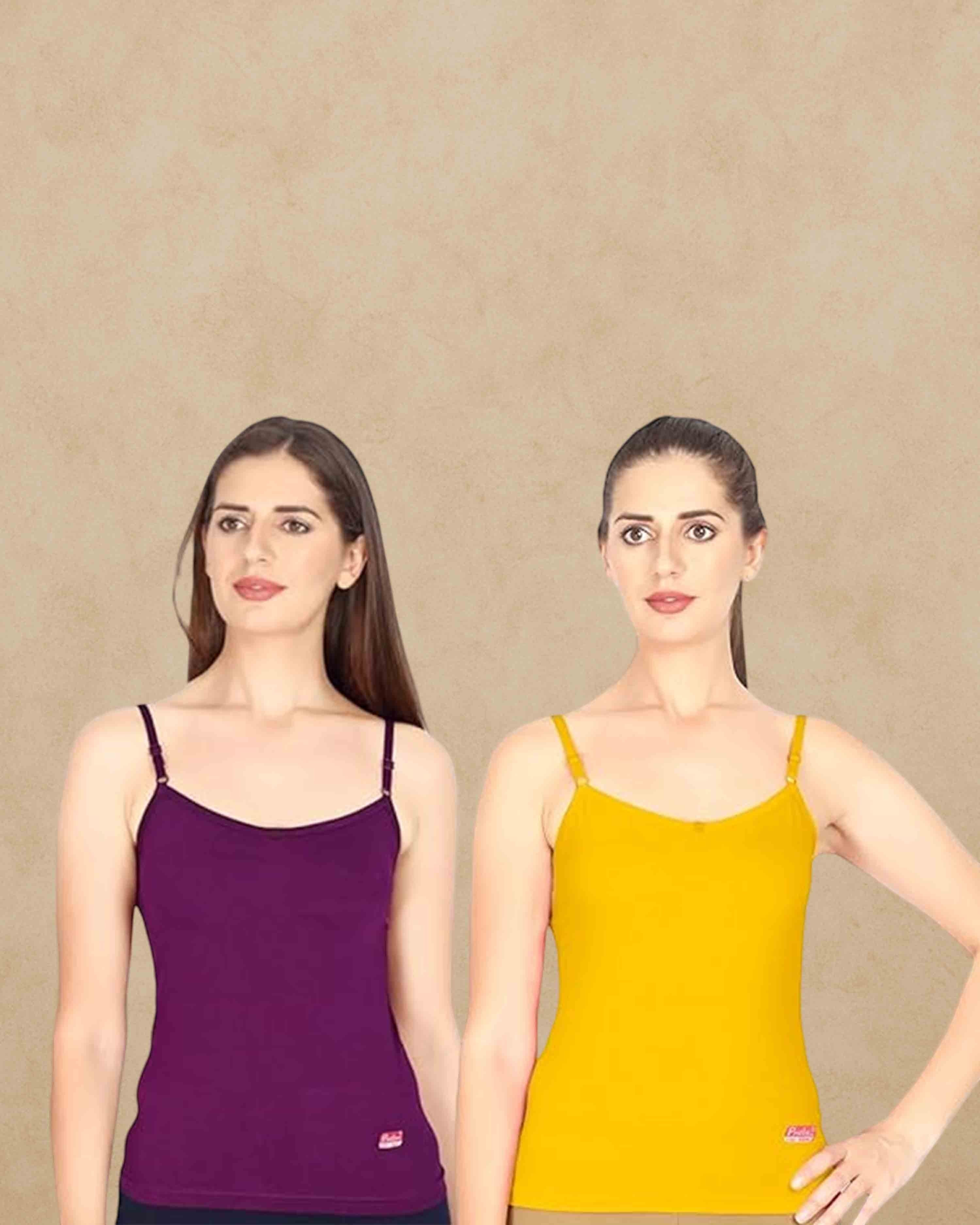 Ambika Stores Prithvi Joshi adjustable strap camisole slips in purple and yellow worn by models