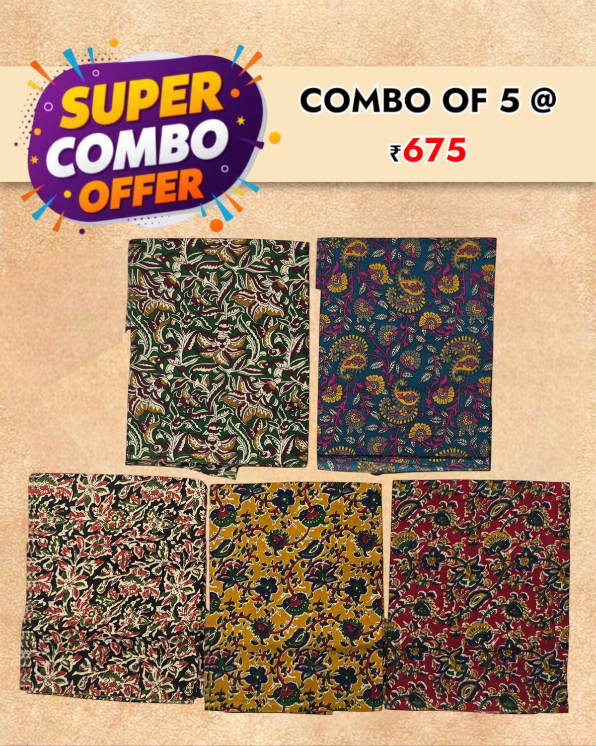 Ambika Stores multicolor cotton Ajraak print unstitched blouse fabric combo of five for festive and wedding wear