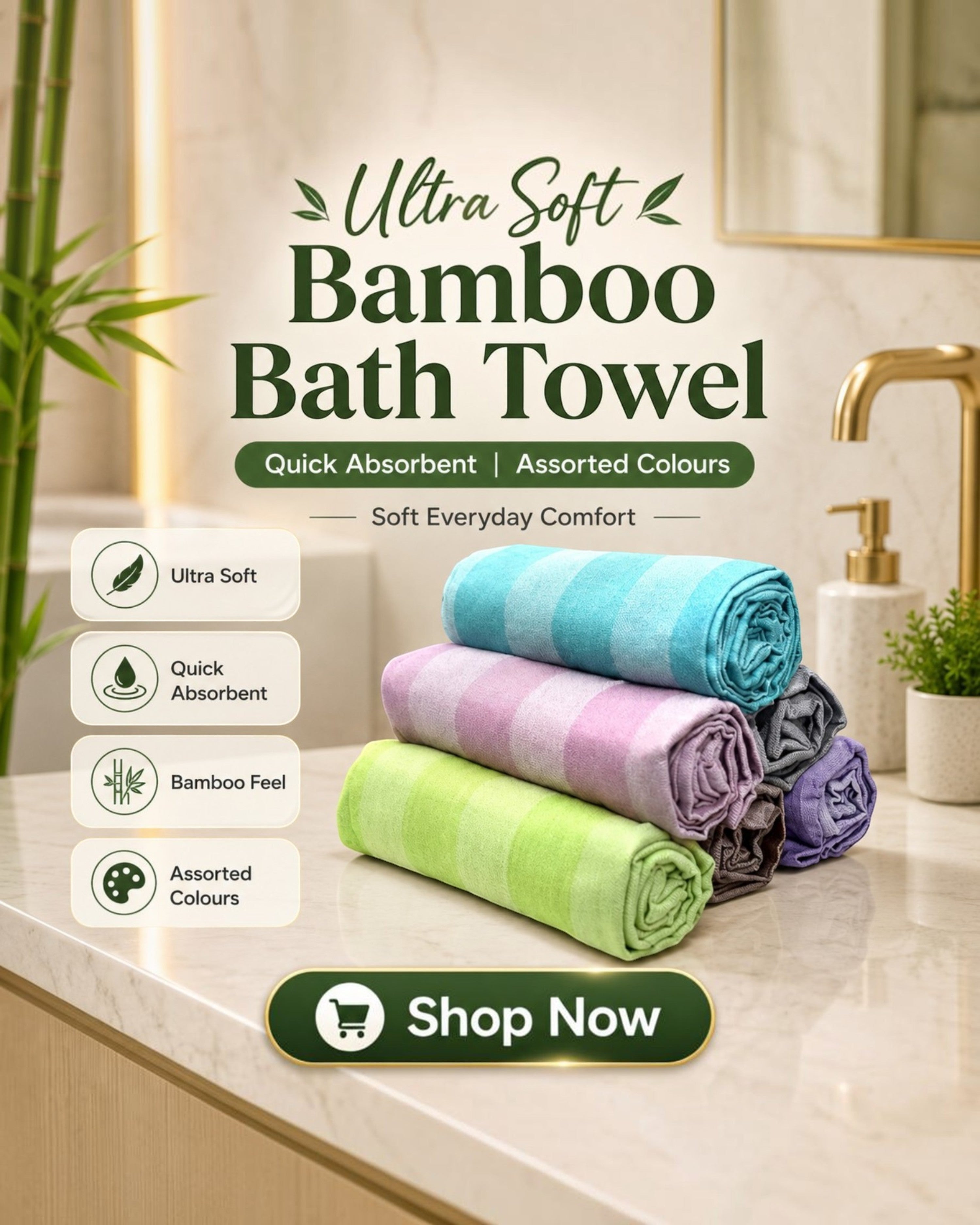 Ambika Stores ultra-soft bamboo bath towels in assorted pastel striped colors stacked on a bathroom vanity.