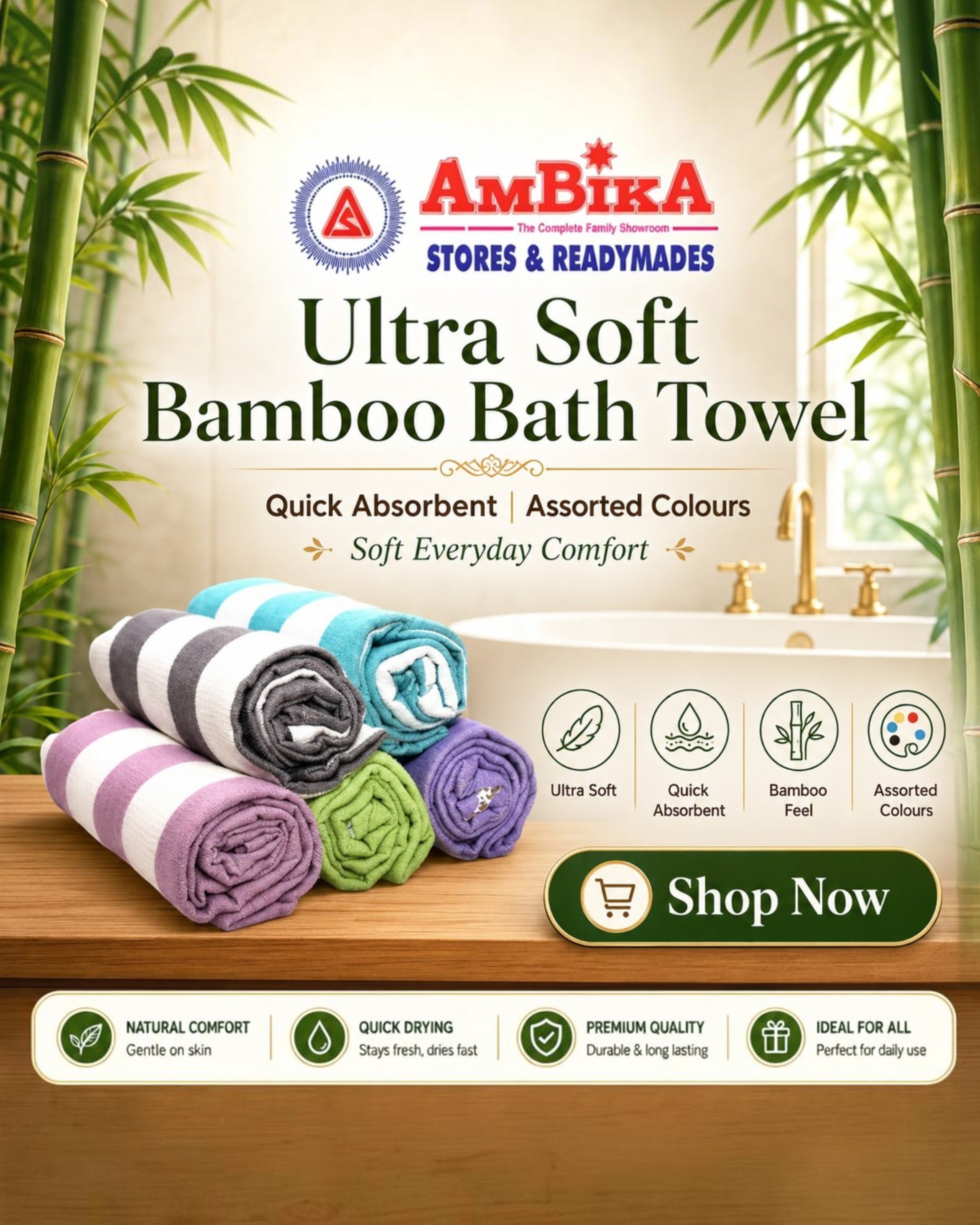 Ambika Stores ultra-soft bamboo bath towels in assorted striped colors, rolled on a wooden surface in a bathroom.