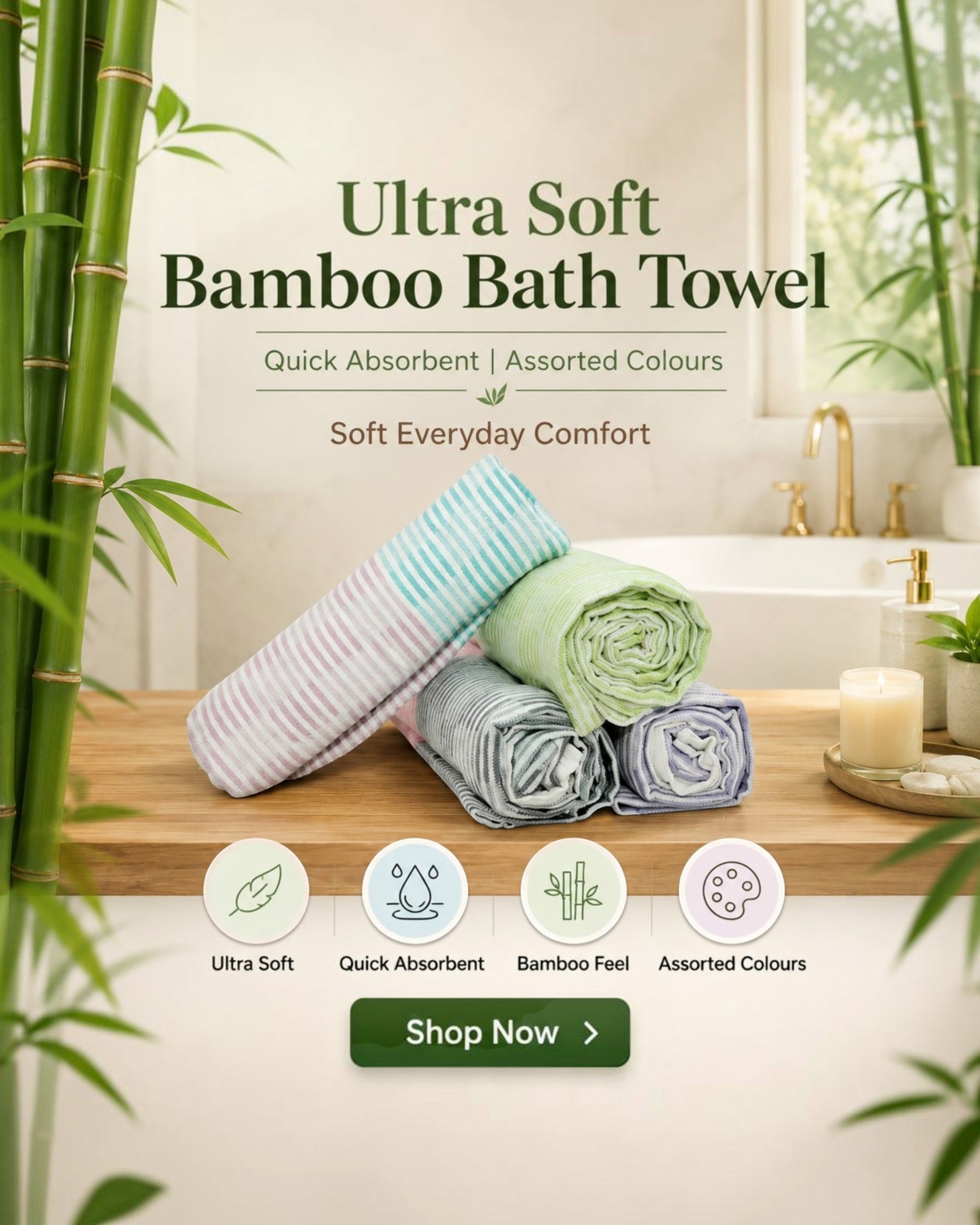 Ambika Stores ultra-soft bamboo bath towels in assorted pastel striped colors, displayed on a wooden bathroom counter.