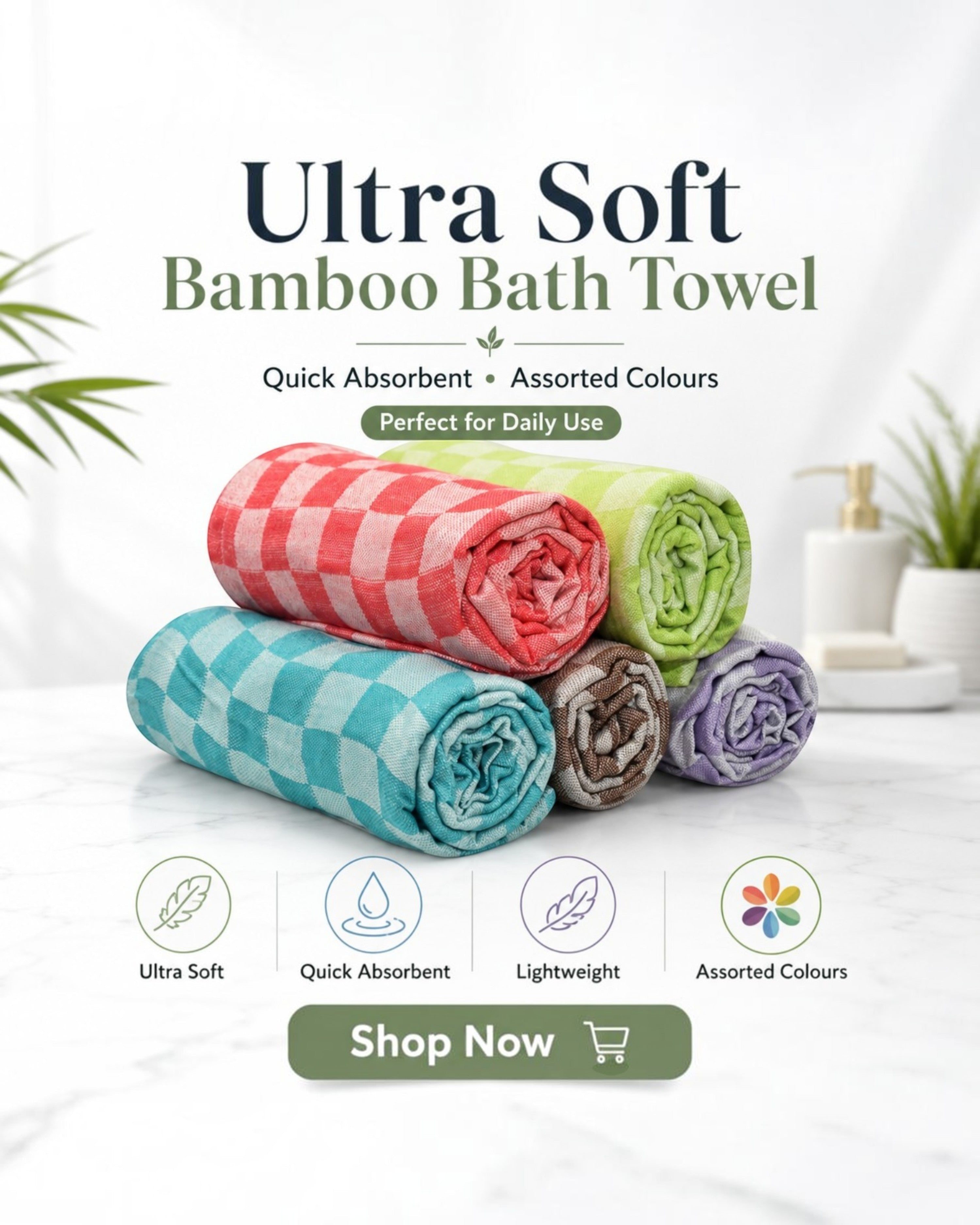 Ambika Stores ultra-soft bamboo bath towels in assorted checkered colors, featuring quick-absorbent, lightweight fabric.