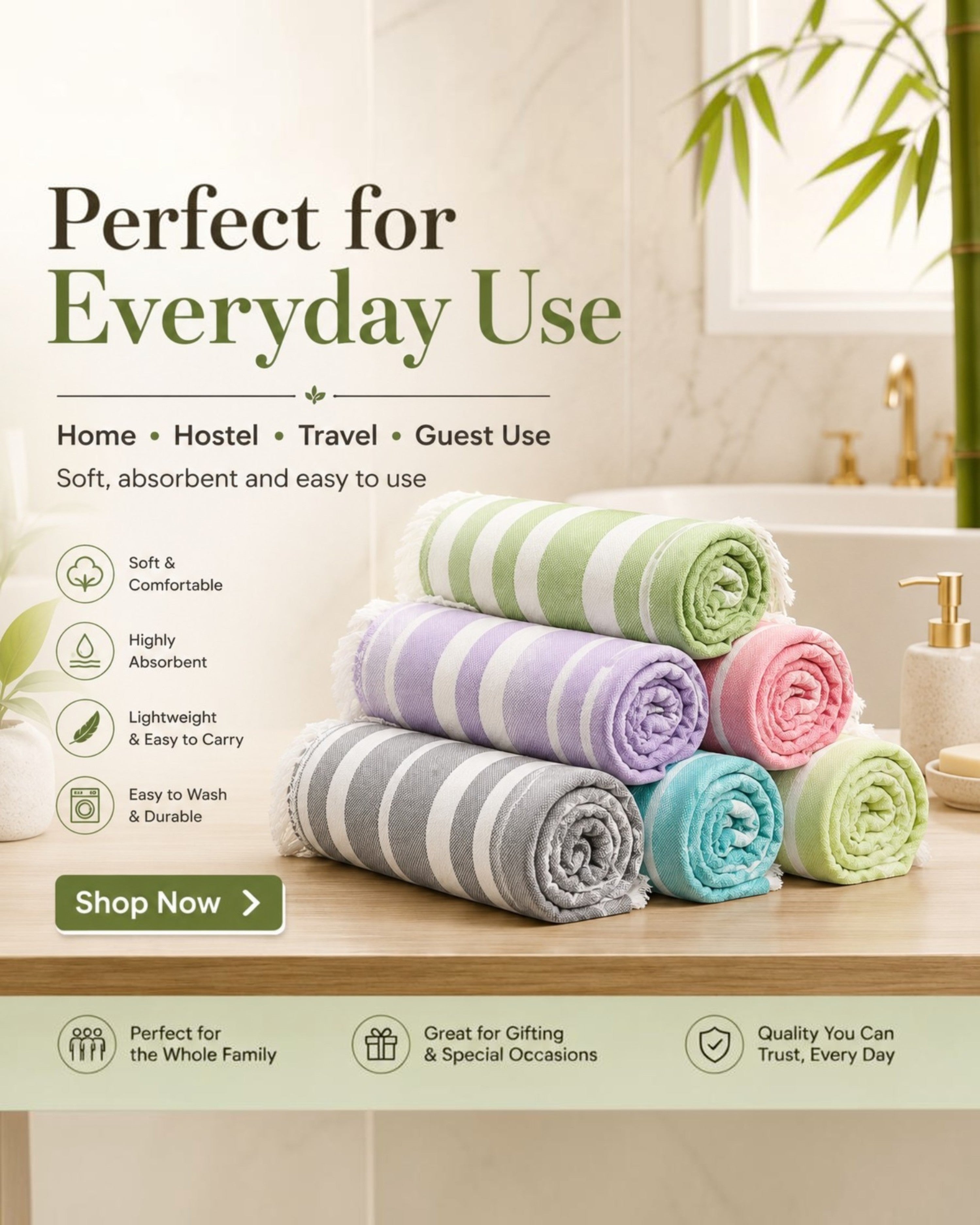 Ambika Stores bamboo bath towels in assorted pastel striped colors with fringe detail, stacked on a wooden surface.