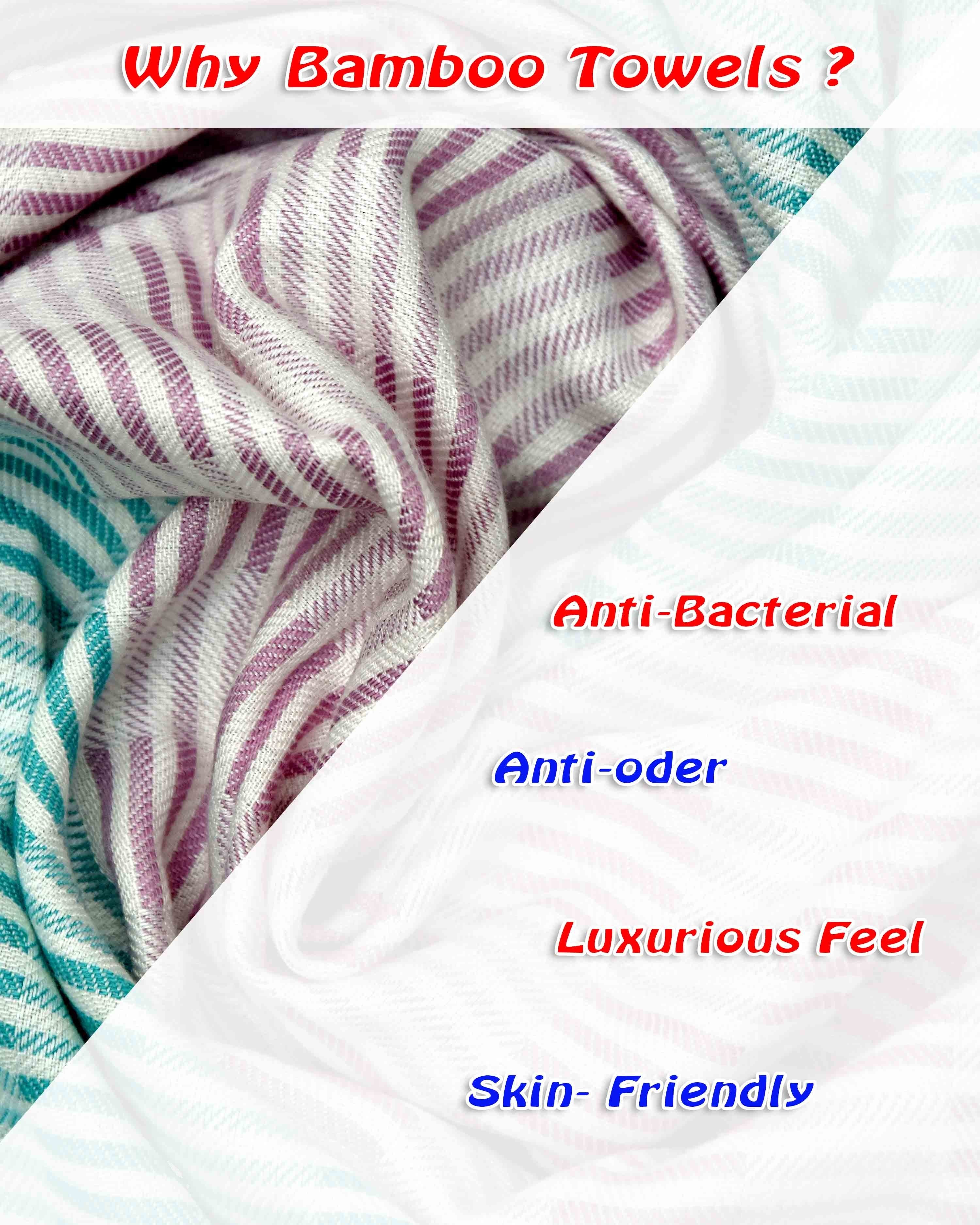 Ambika Stores bamboo bath towel featuring a soft purple and teal striped pattern with eco-friendly benefits listed.