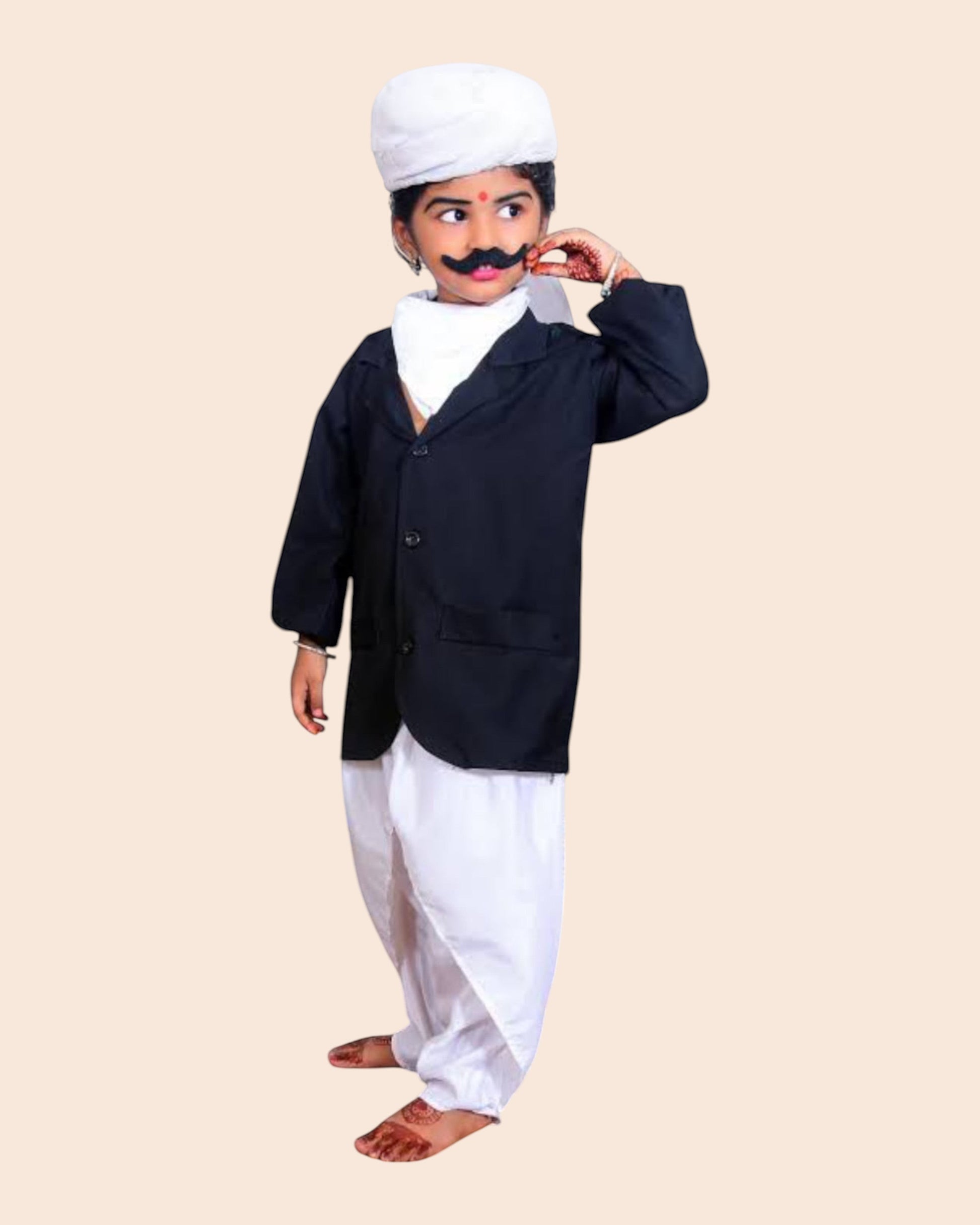 Ambika Stores kids Bharathiyar fancy dress costume featuring a black coat, white dhoti, turban, and fake mustache.