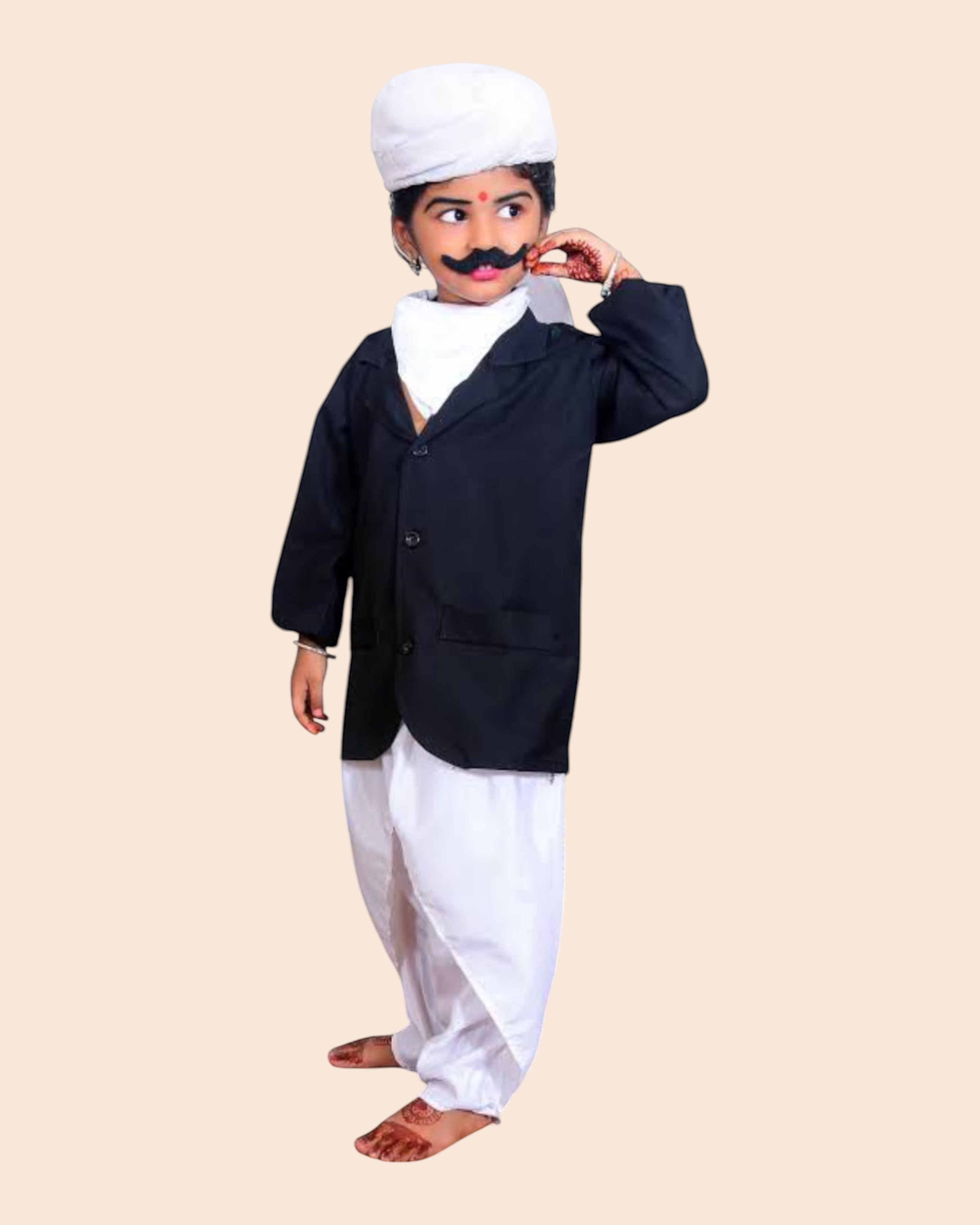 Ambika Stores kids Bharathiyar fancy dress costume featuring a black coat, white dhoti, turban, and fake mustache.