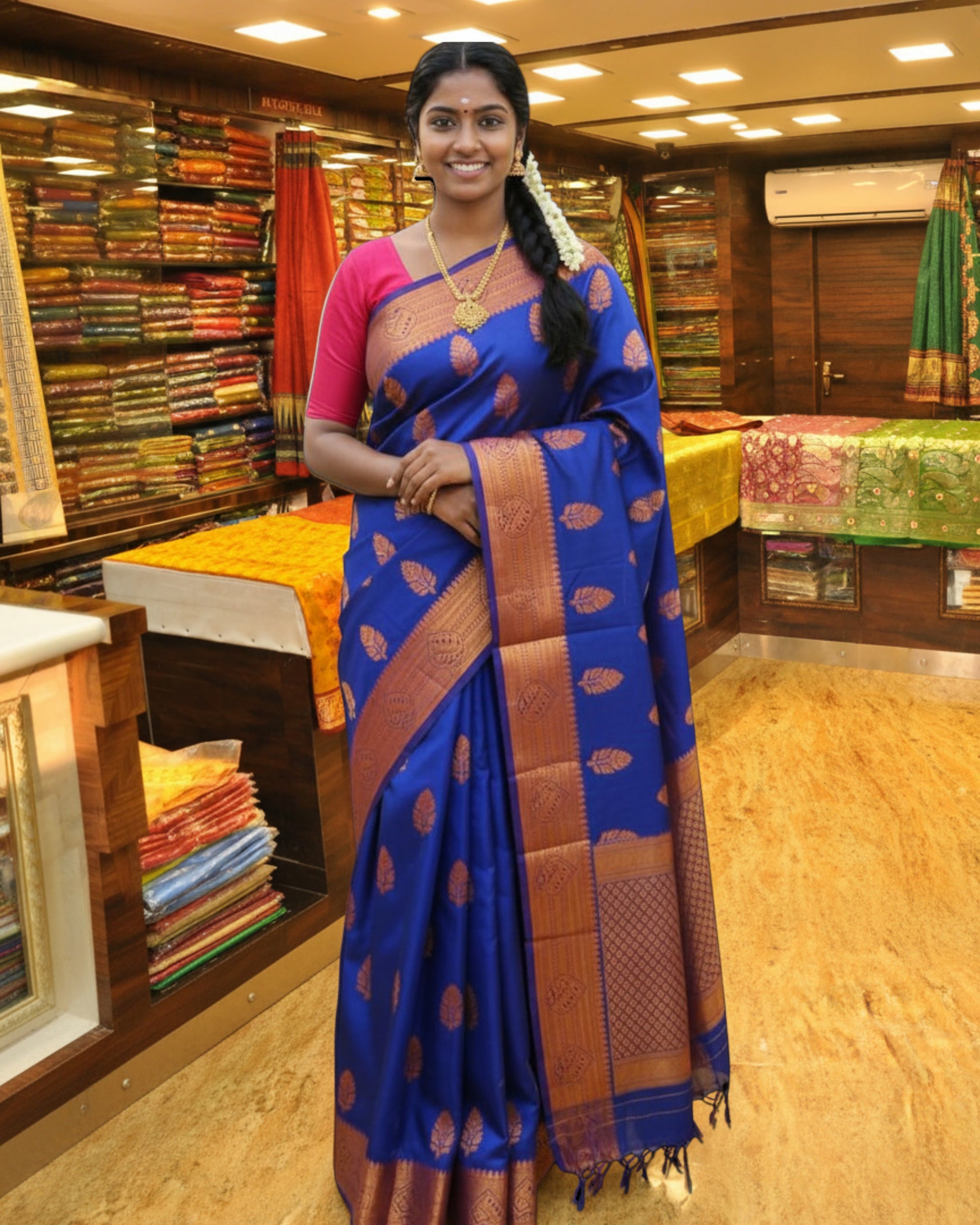 Ambika Stores royal blue silk saree with orange floral motifs and ornate border, perfect for festive occasions.
