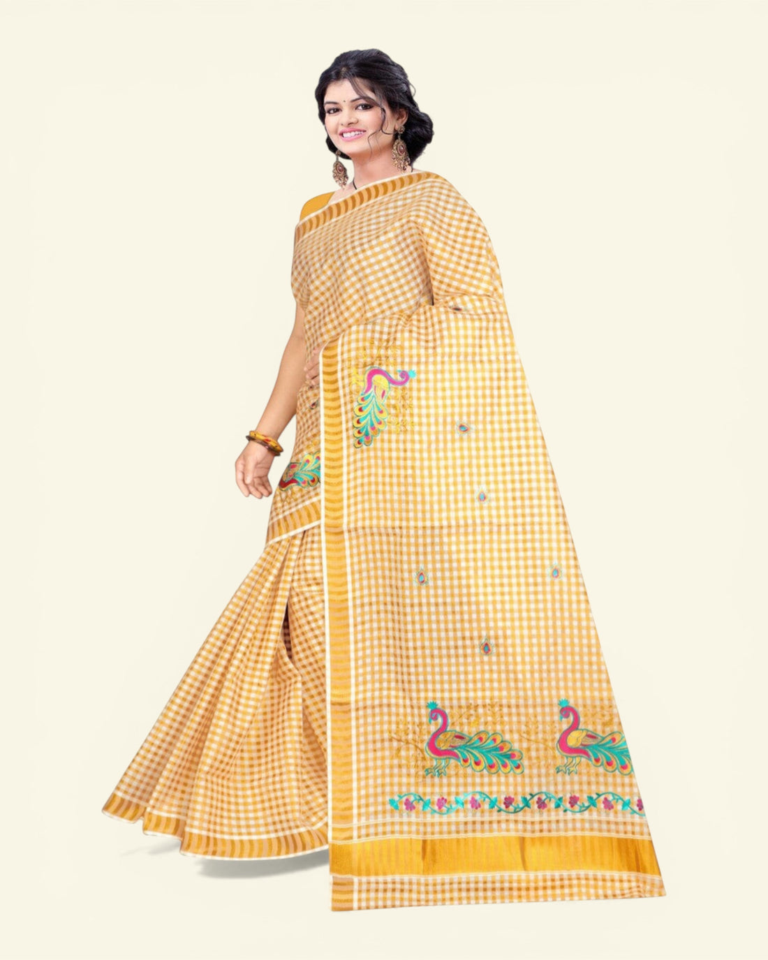 Ambika Stores women's off-white cotton Kerala saree with gold zari checked pattern and peacock embroidery. Includes running blouse.