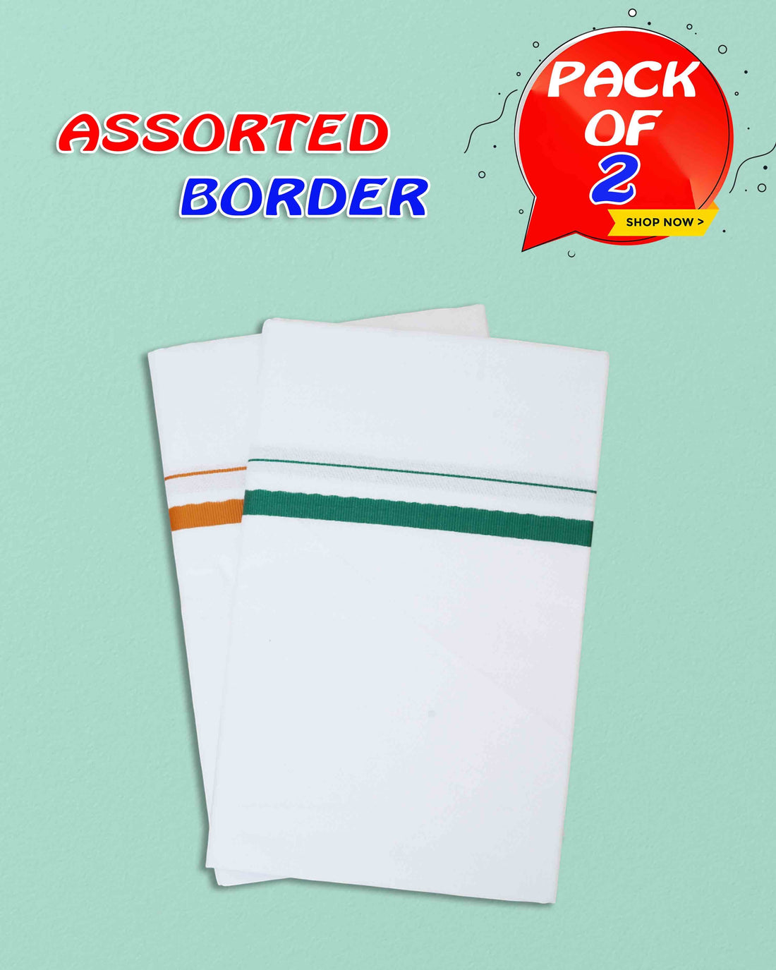 Ambika Stores pack of two white cotton dhotis featuring single-layered fabric and assorted colorful borders.