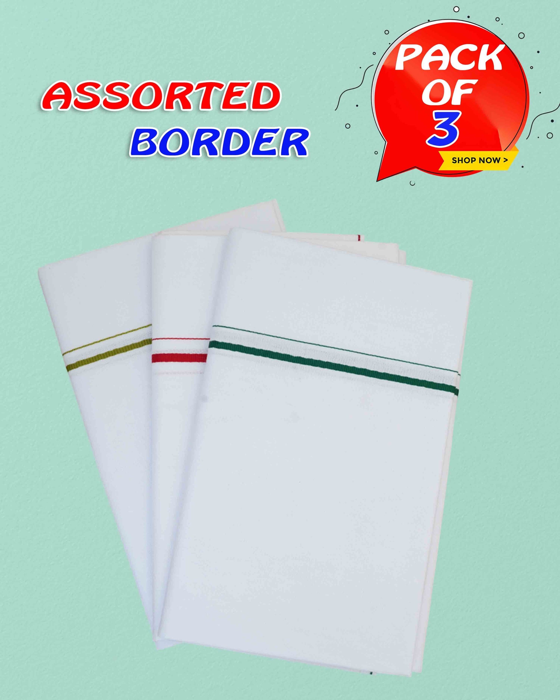 Ambika Stores pack of 3 white cotton dhotis with assorted color borders for traditional ceremonies and daily wear.