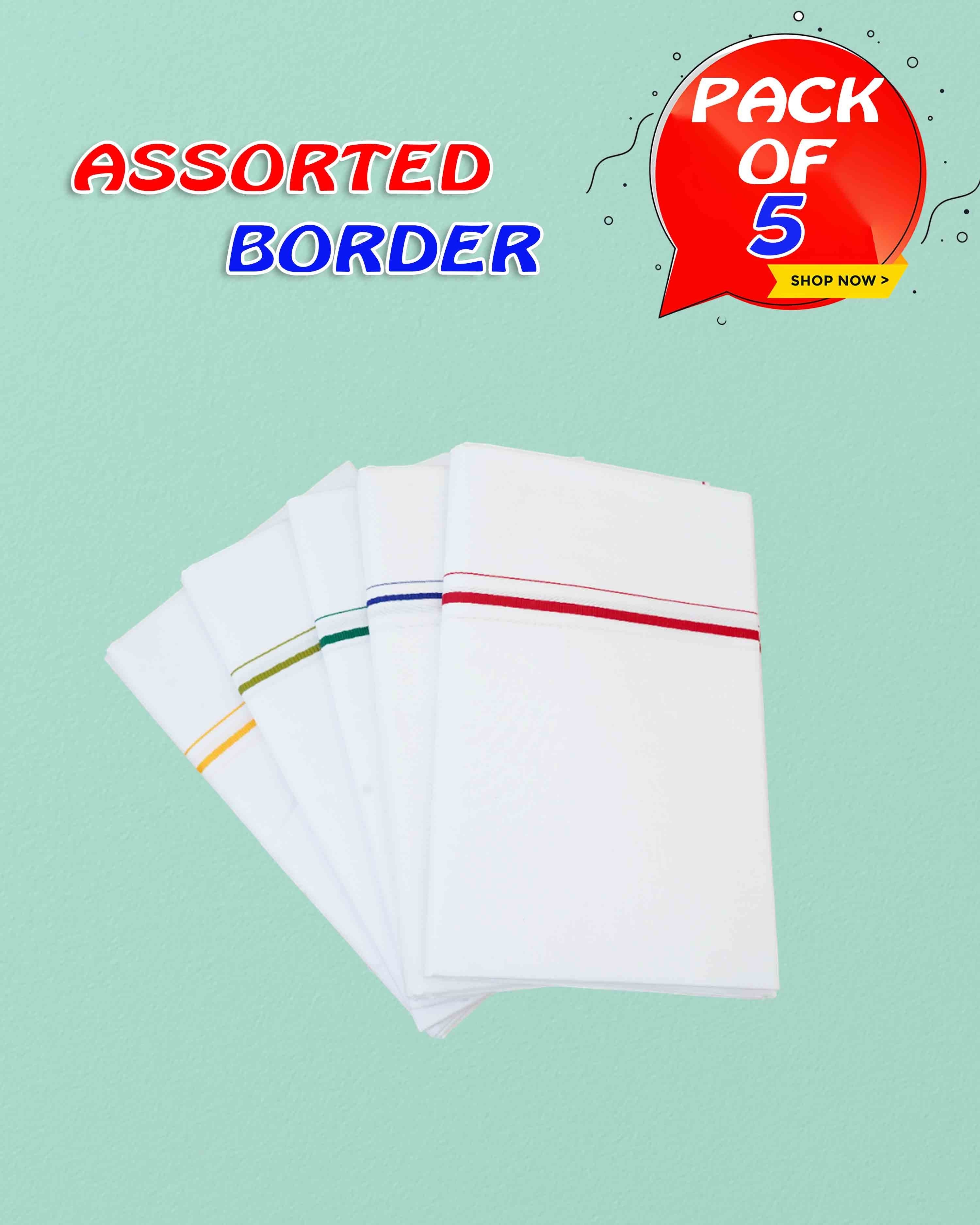 Ambika Stores pack of 5 white cotton dhotis with assorted color borders for traditional ceremonies and daily wear.