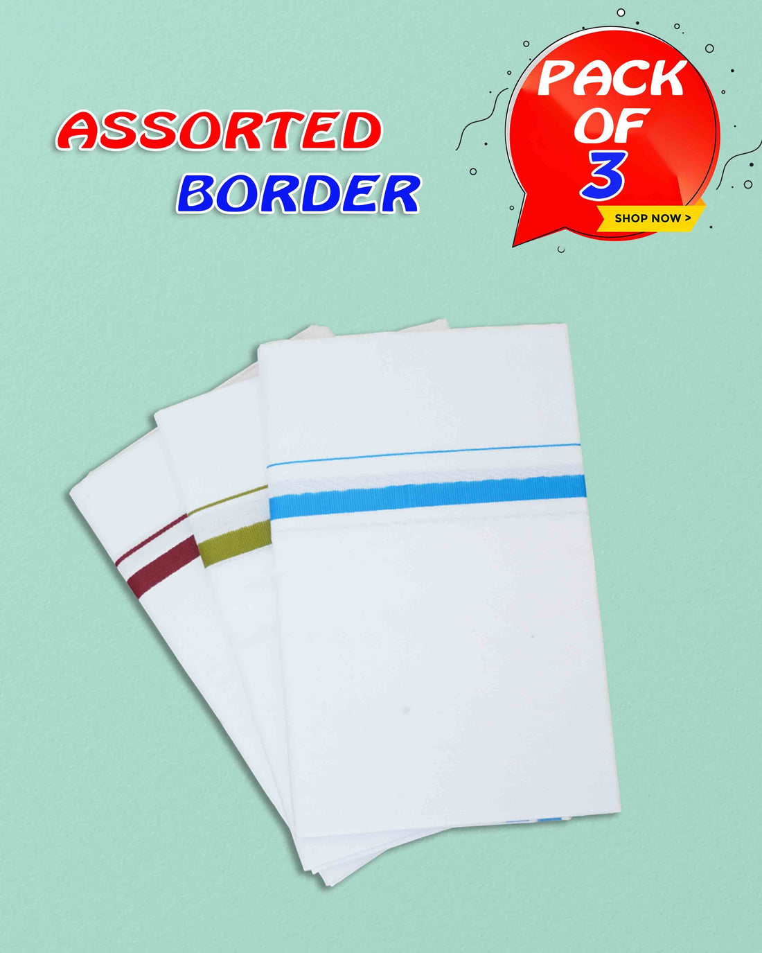 Ambika Stores pack of two white cotton dhotis featuring single-layered fabric and assorted colorful borders.