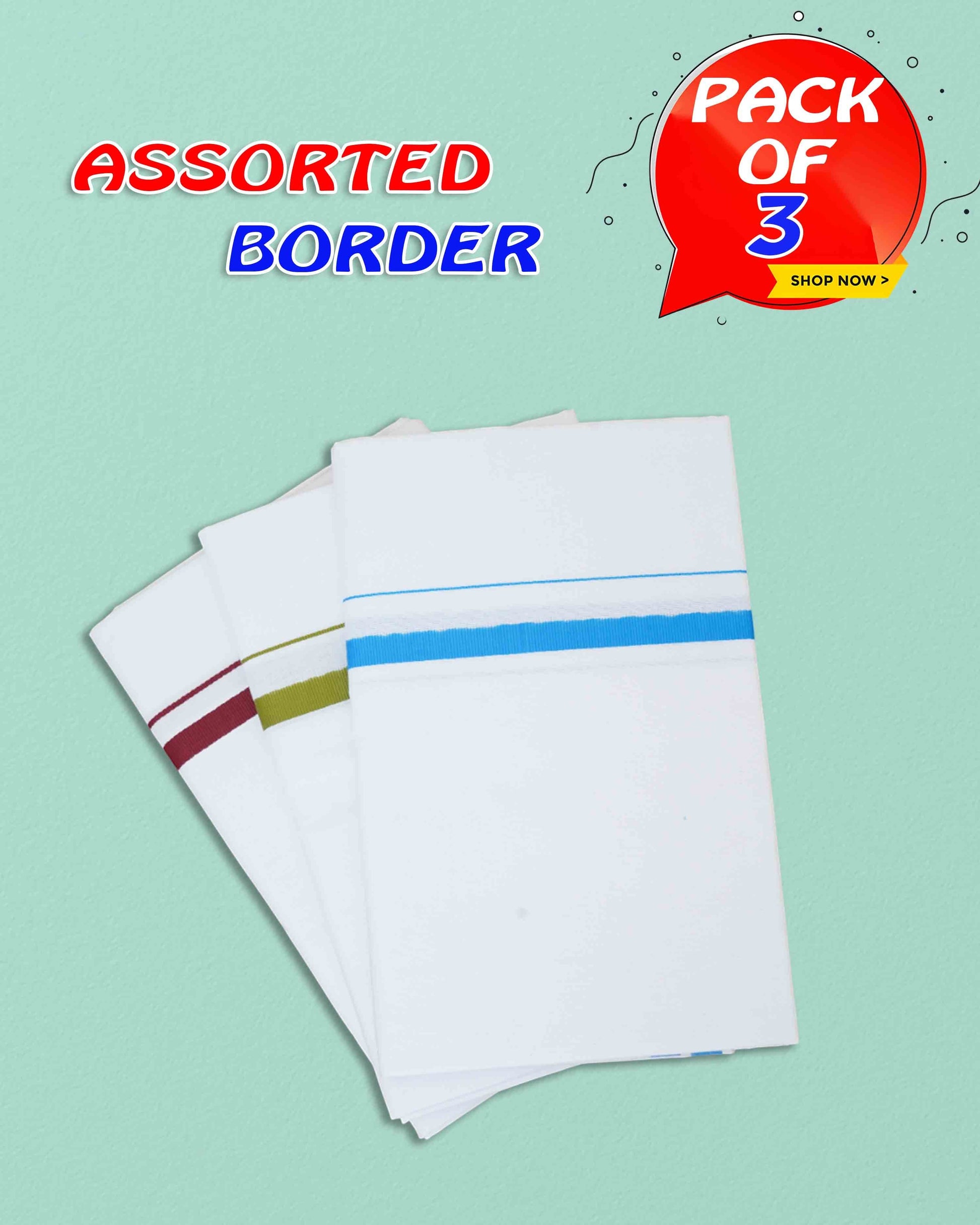 Ambika Stores pack of 3 white cotton dhotis with assorted color borders for traditional ceremonies and daily wear.