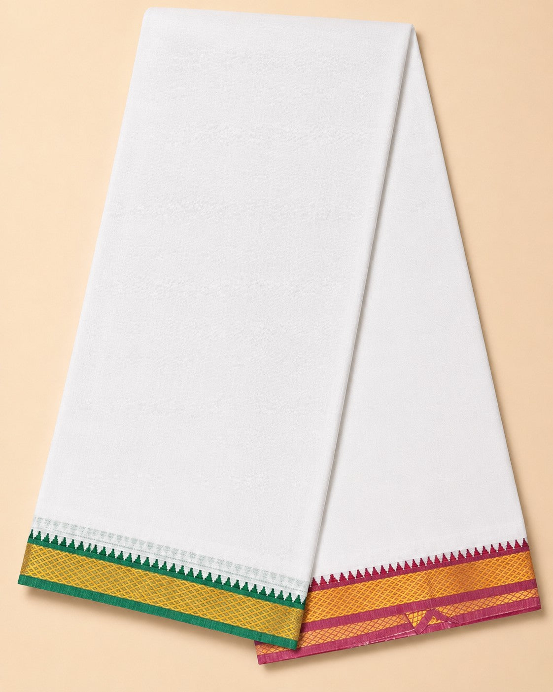 Ambika Stores men's cotton panchakacham dhoti and towel set in unbleached off-white with traditional mayilkan borders