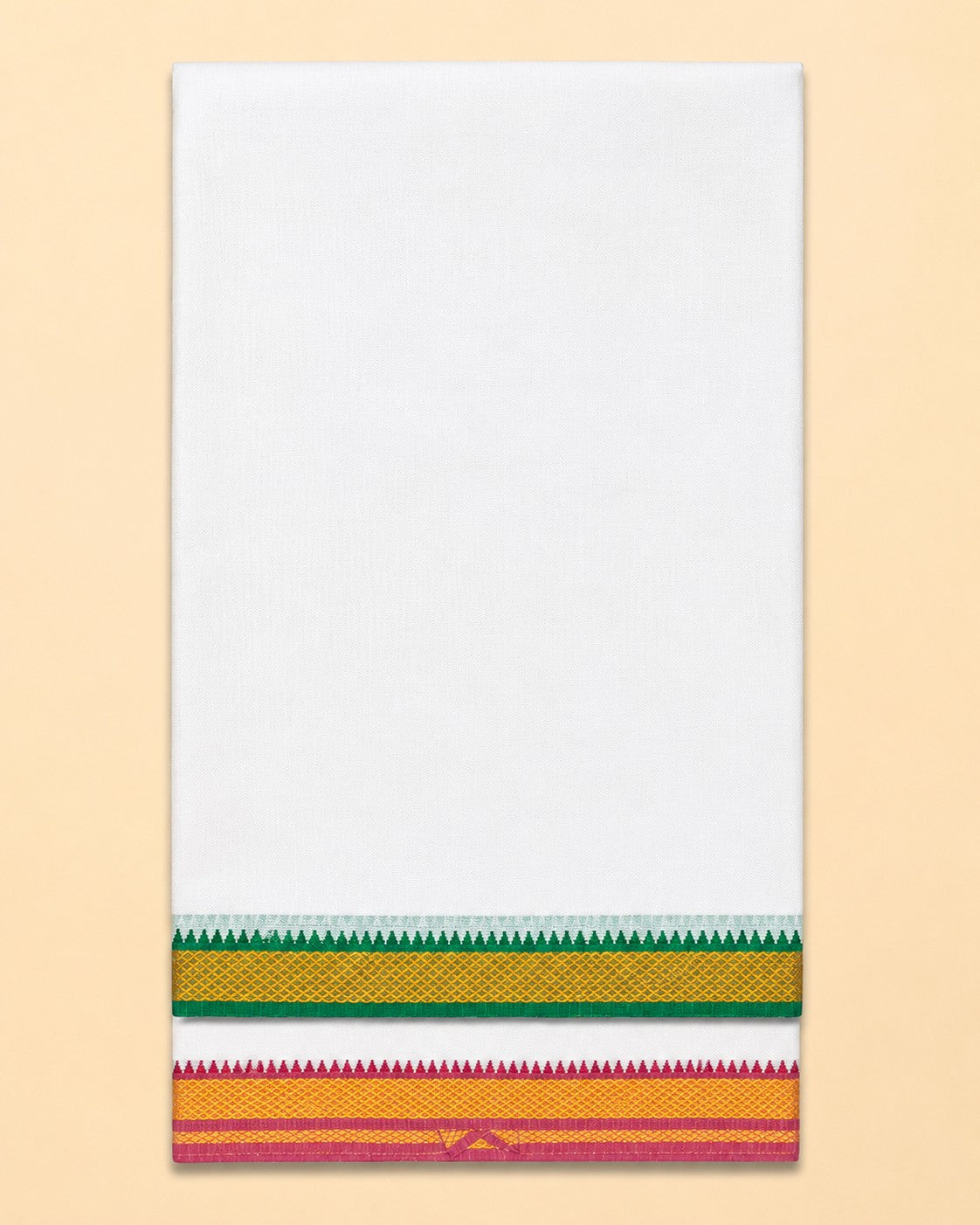 Ambika Stores men's unbleached cotton panchakacham dhoti and towel set with a decorative Mayilkan border
