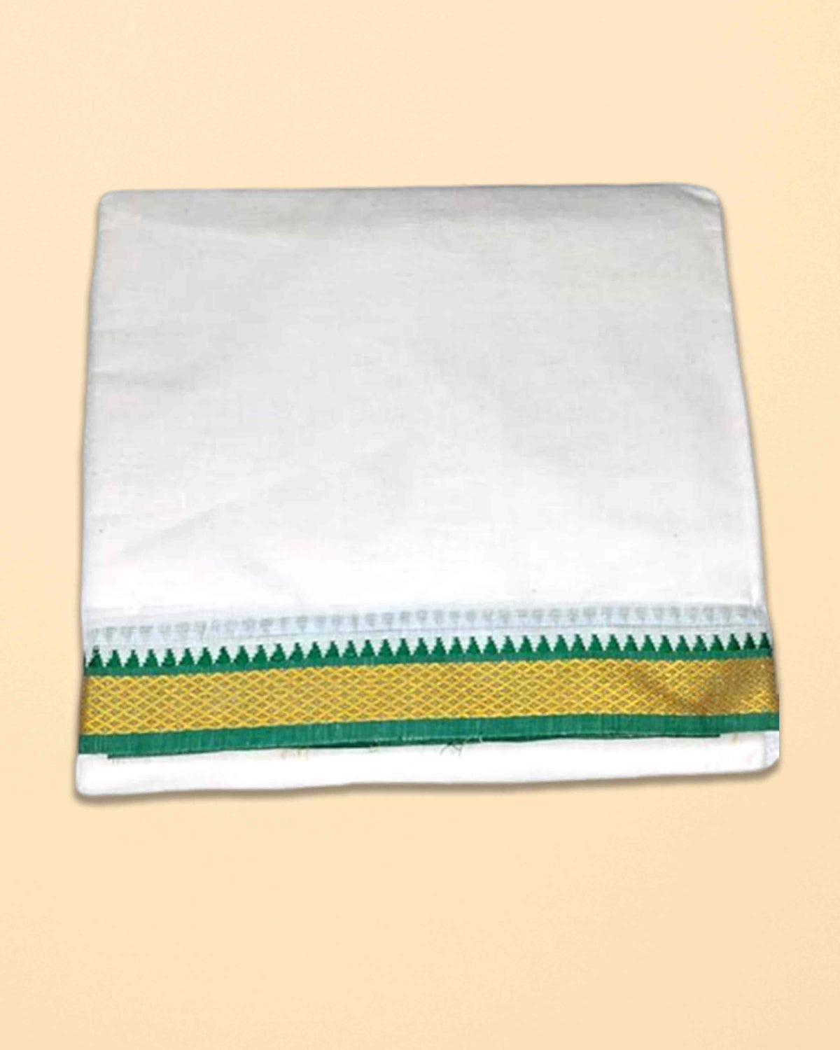 Ambika Stores men's unbleached off-white cotton Panchakacham dhoti and towel set with a green and gold Mayilkan border.