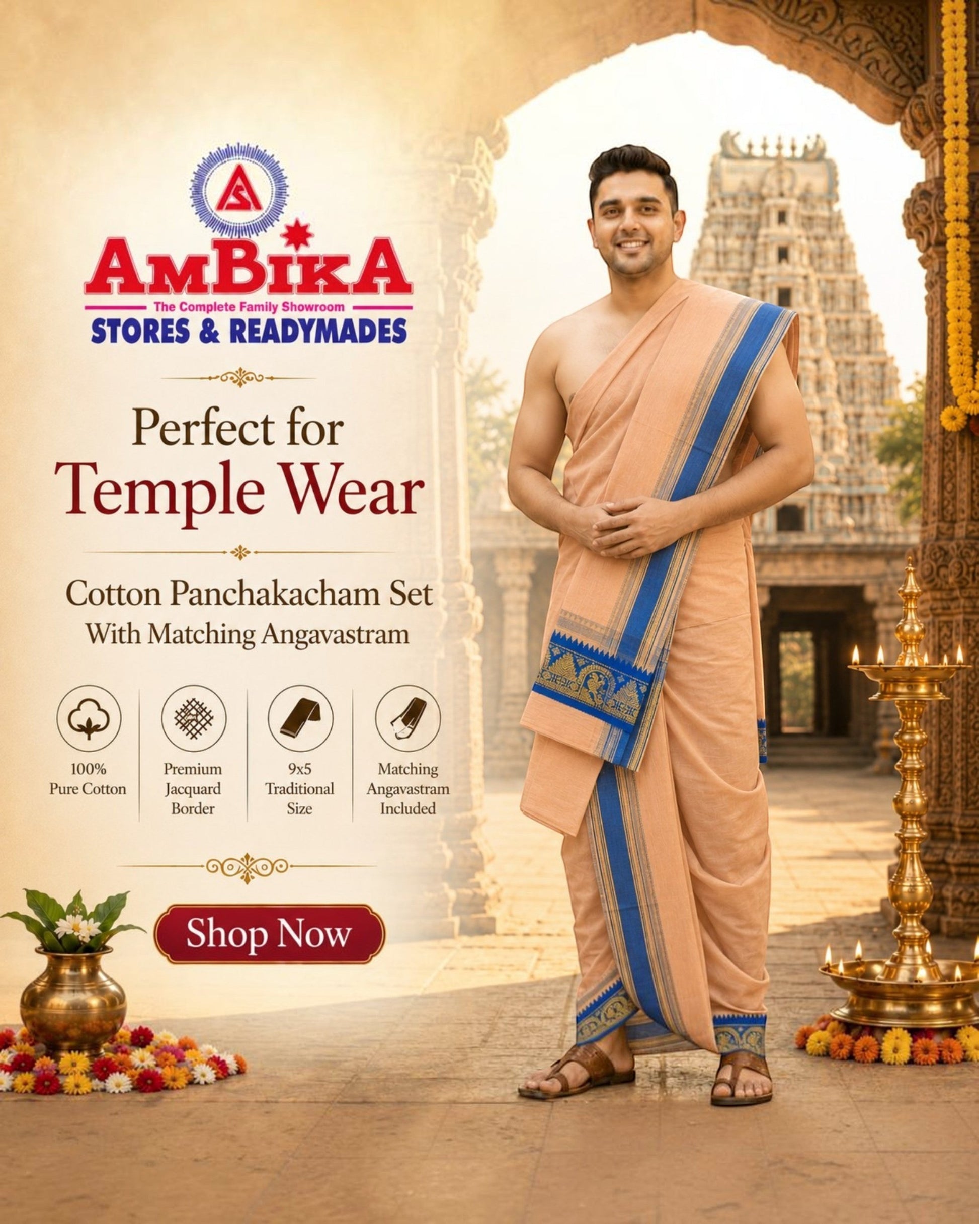 Ambika Stores light kavi cotton panjakacham dhoti and angavastram set with blue jacquard border worn by a man at a temple