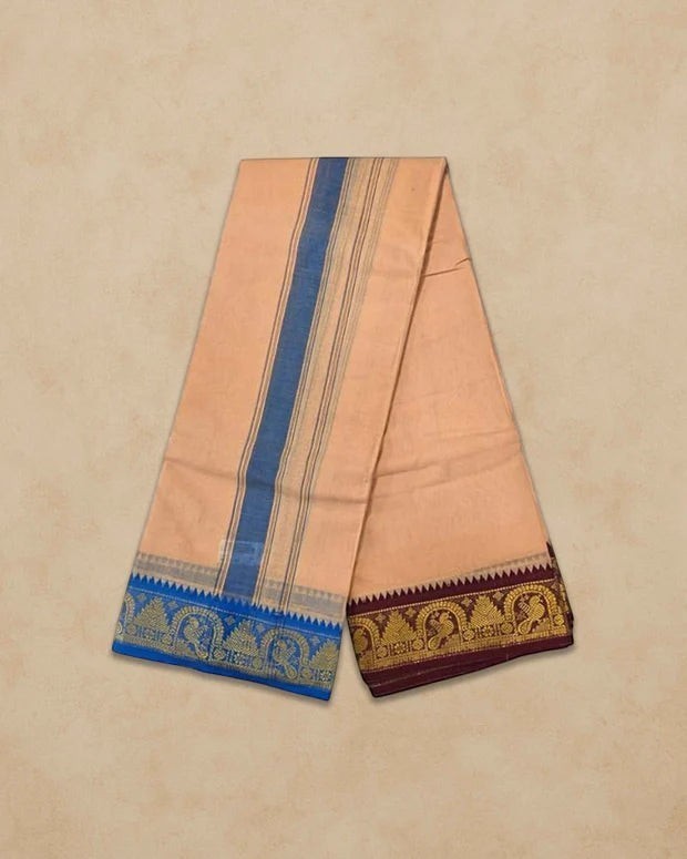 Ambika Stores light kavi cotton panjakacham dhoti and angavastram set with blue and maroon decorative borders
