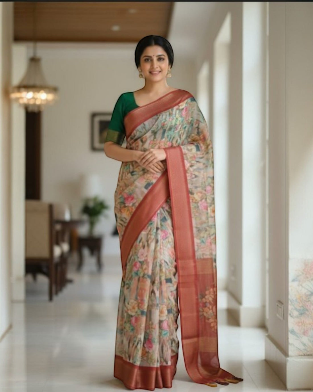 Ambika Stores dola silk saree with floral digital print, sequin border, and green blouse in a bright indoor setting.