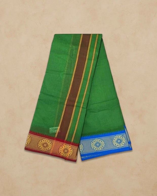 Ambika Stores green cotton panjakacham dhoti set with traditional floral border and matching angavastram towel