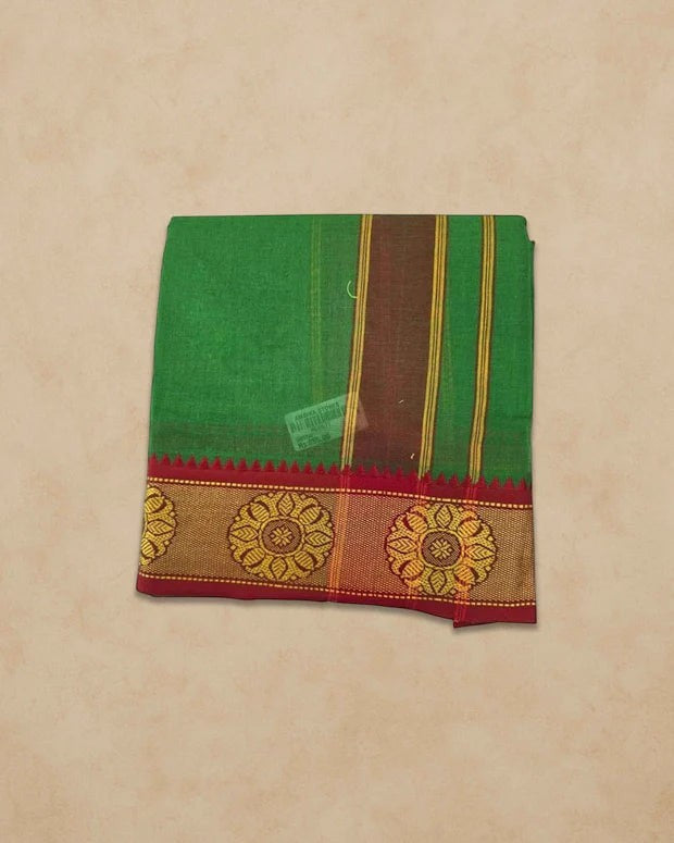 Ambika Stores green cotton panjakacham dhoti with red and gold floral border and matching angavastram towel