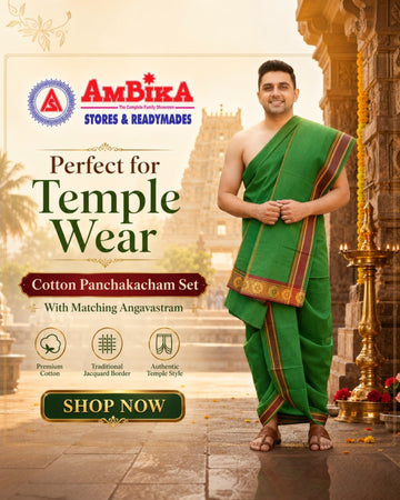 Ambika Stores green cotton panjakacham dhoti and angavastram set worn by a man in a temple setting.