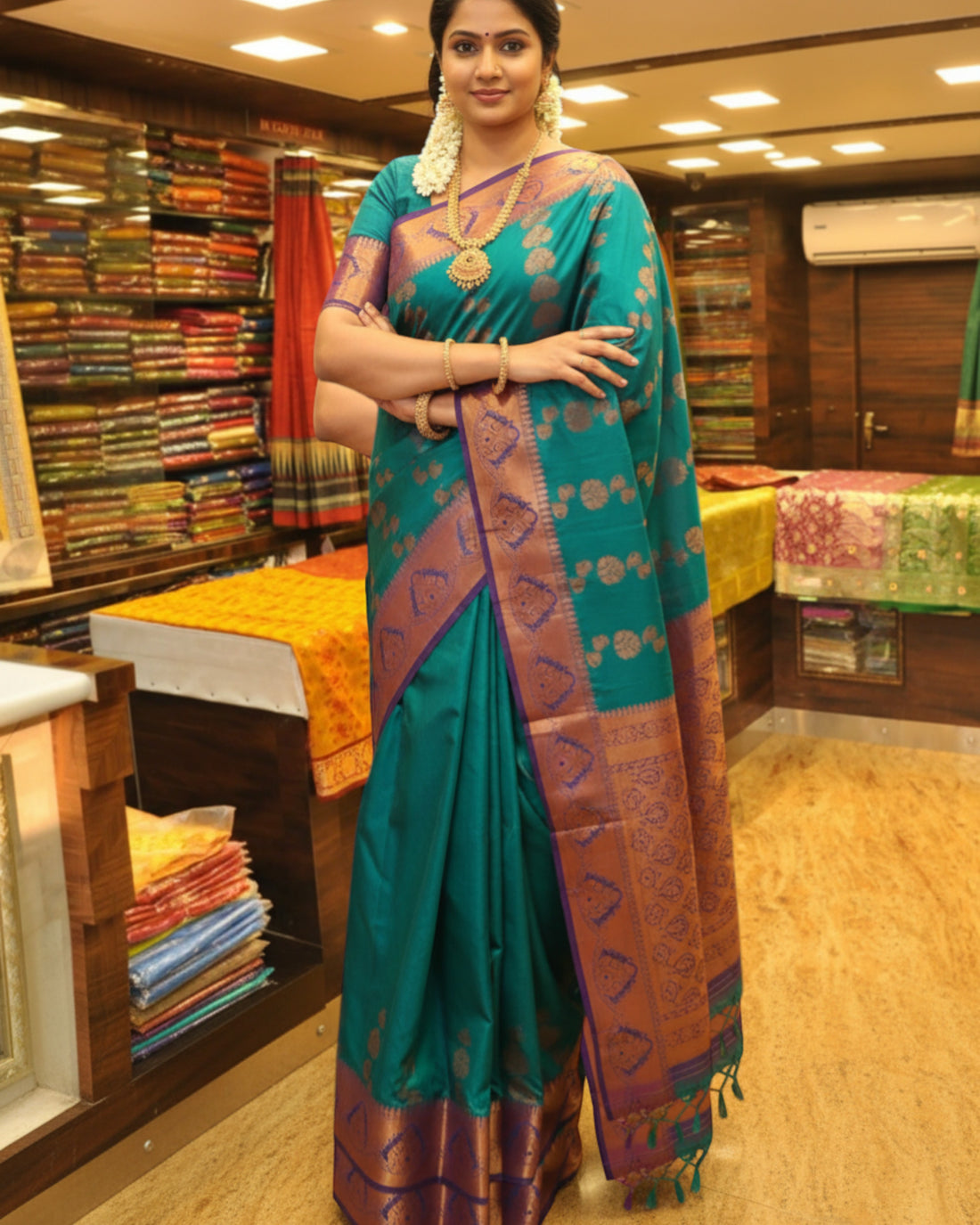 Ambika Stores green silk saree with orange paisley and floral border, perfect for weddings and festive occasions.