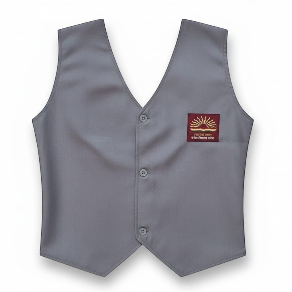 Ambika Stores grey solid uniform waistcoat for girls, Std IX-XII, with school emblem.