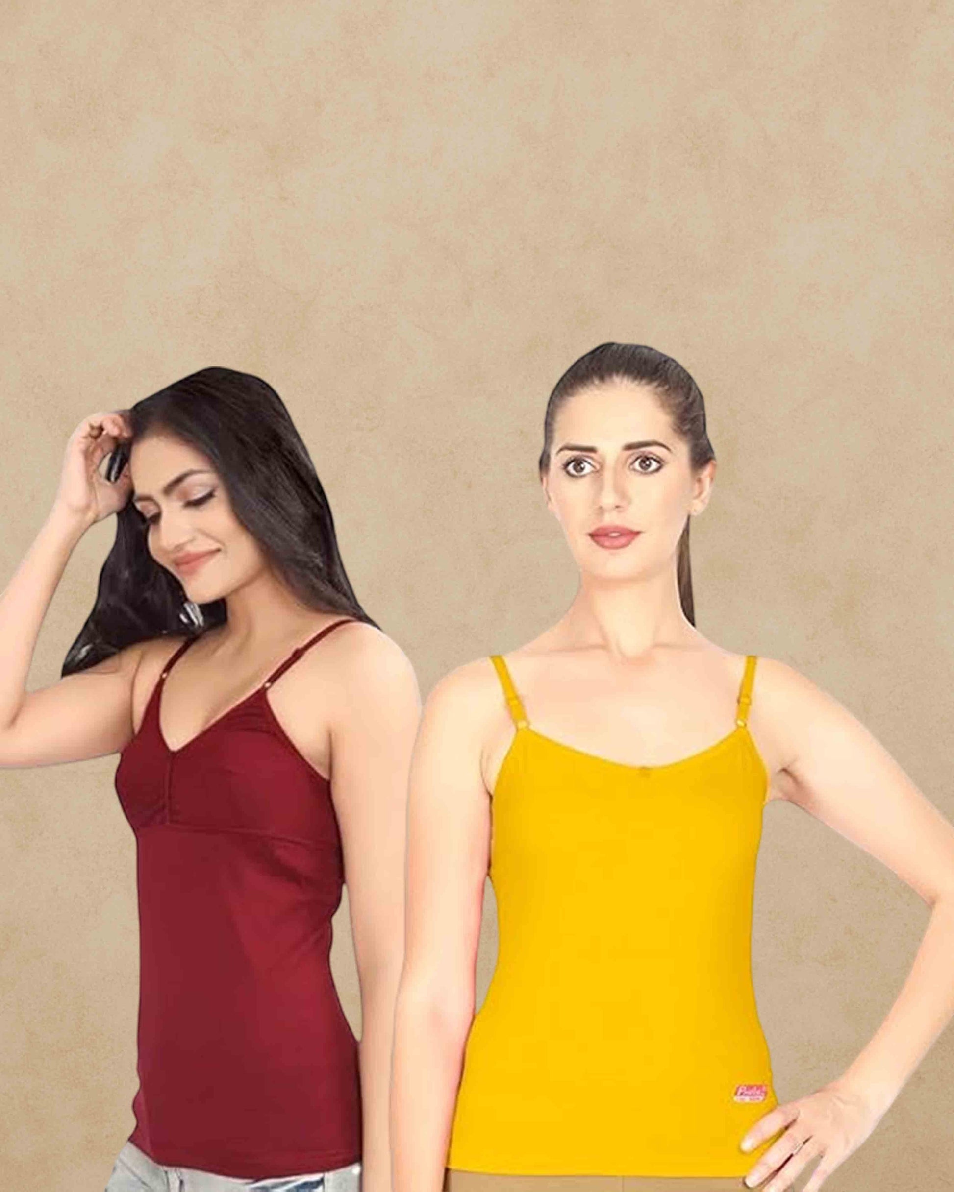 Ambika Stores Prithvi Joycup camisole slips with built-in bras in maroon and yellow, featuring adjustable straps.